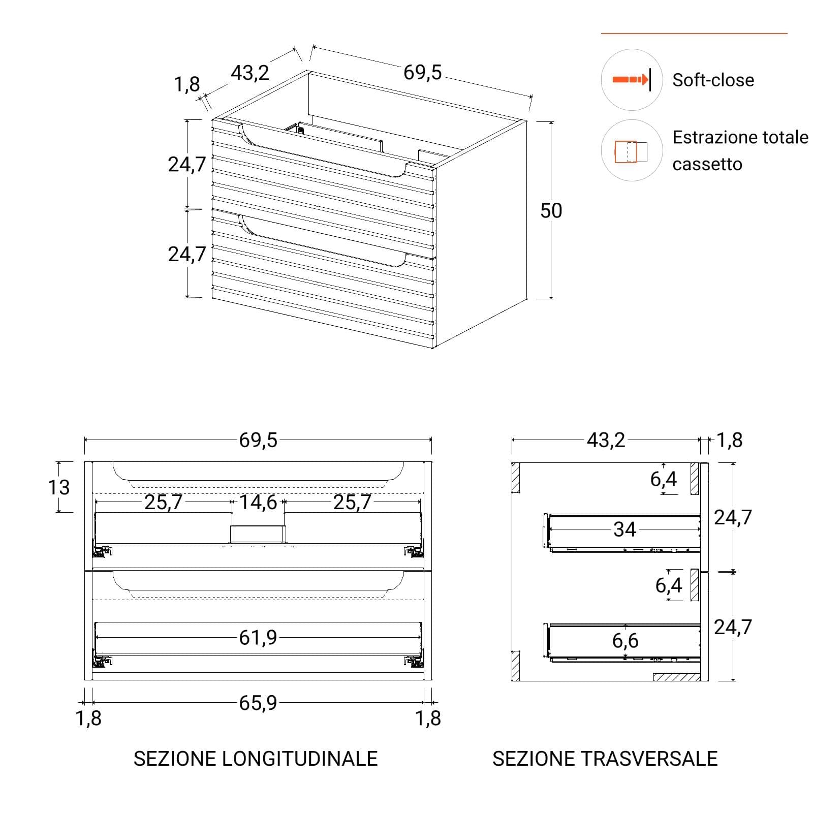 Mobile bagno sospeso 70 cm con cassetti rovere deciso cannettato conlavabo e specchio - Deck
