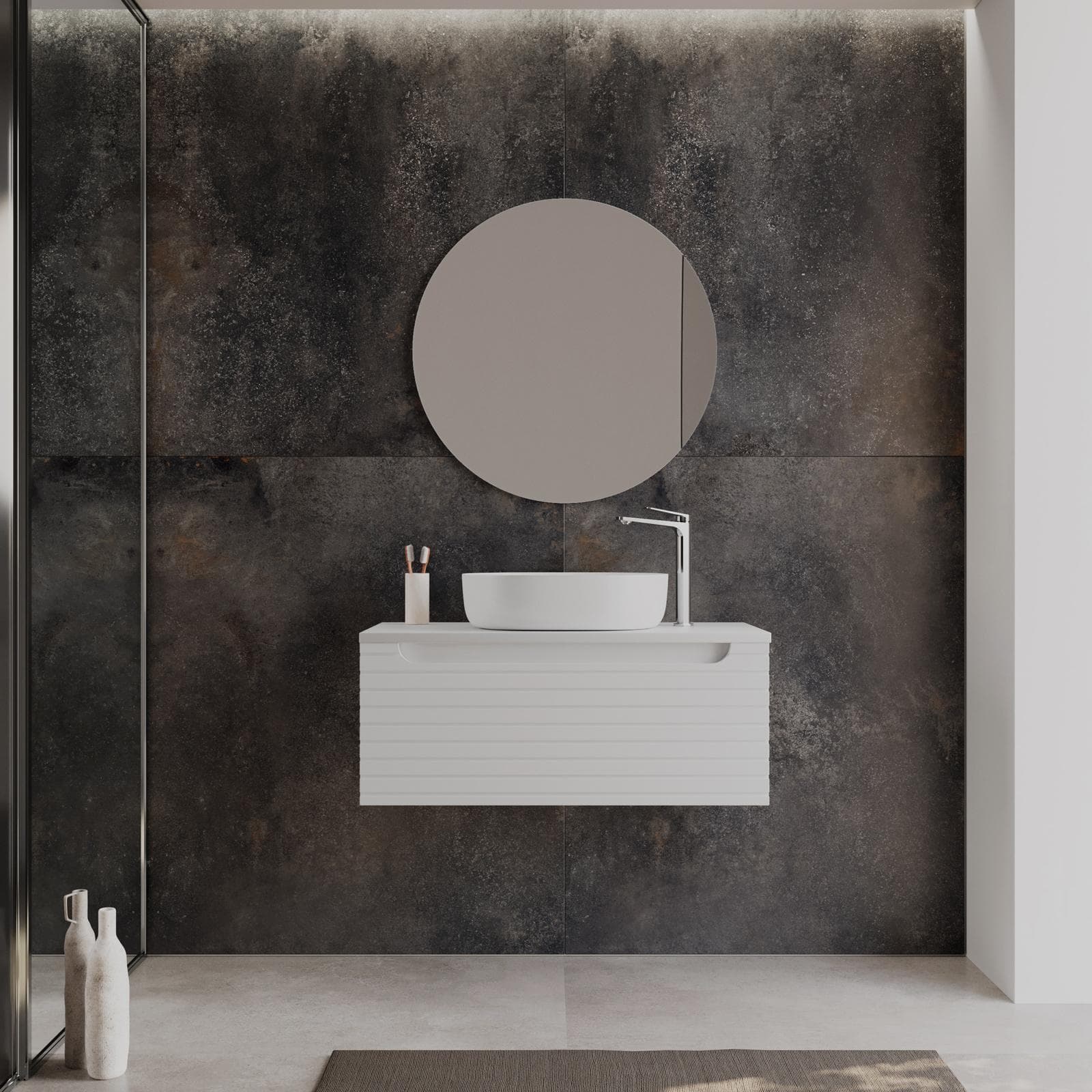 Mobile bagno sospeso 90 cm bianco opaco cannettato con top e specchio - Deck