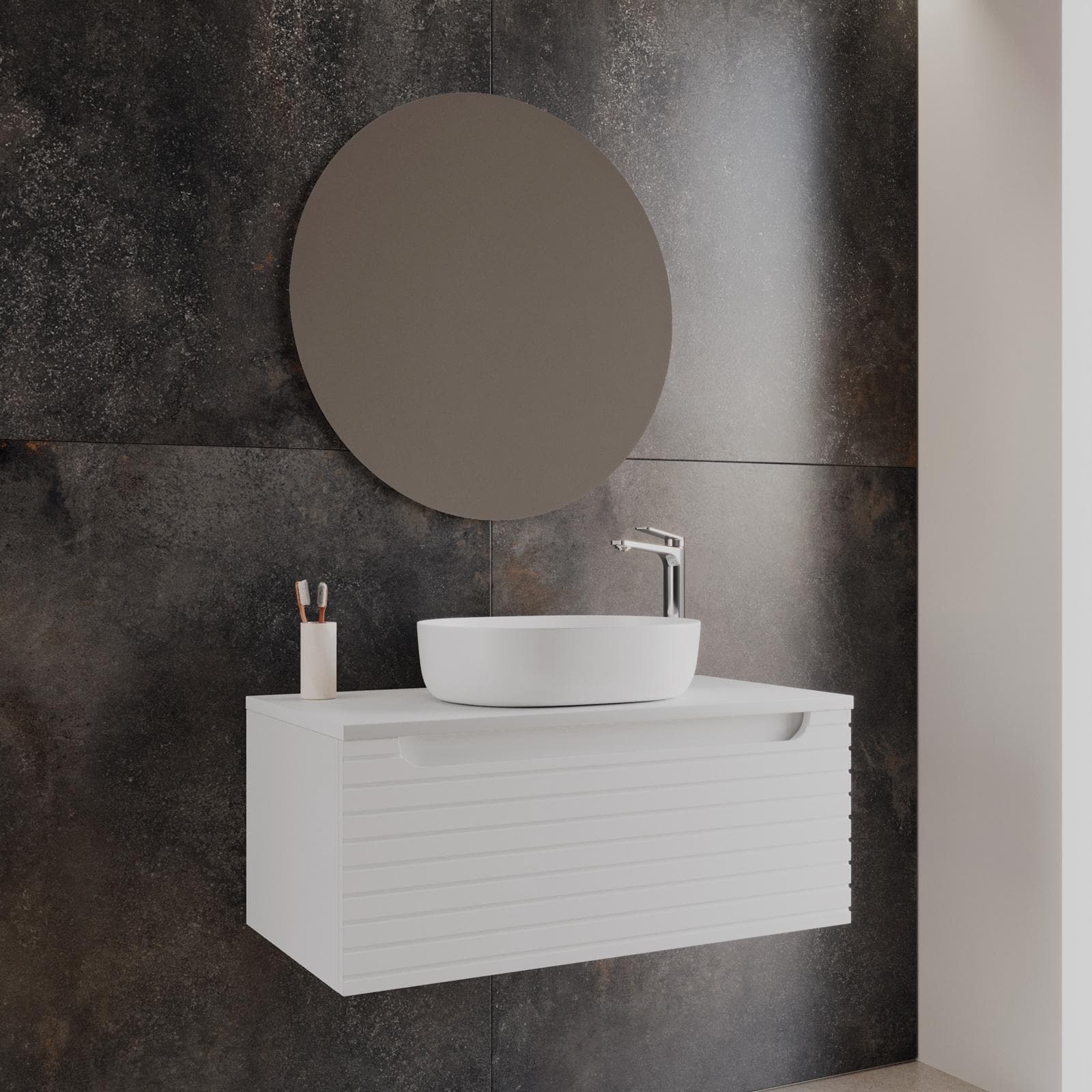 Mobile bagno sospeso 90 cm bianco opaco cannettato con top e specchio - Deck