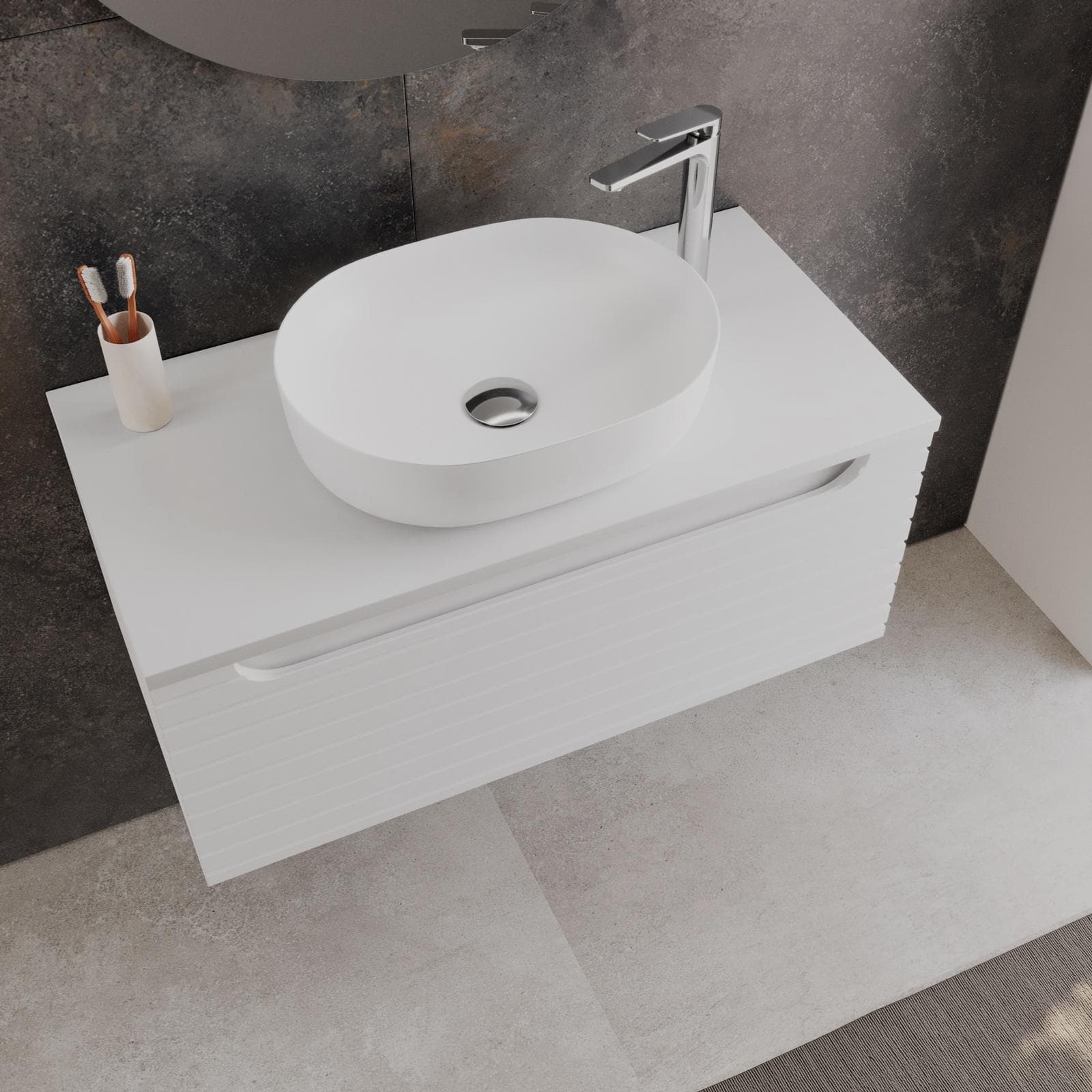Mobile bagno sospeso 90 cm bianco opaco cannettato con top e specchio - Deck
