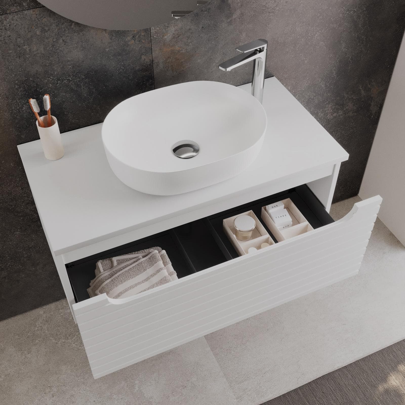 Mobile bagno sospeso 90 cm bianco opaco cannettato con top e specchio - Deck
