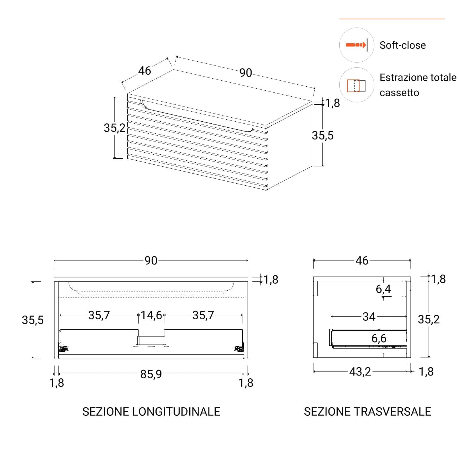 Mobile bagno sospeso 90 cm bianco opaco cannettato con top e specchio - Deck