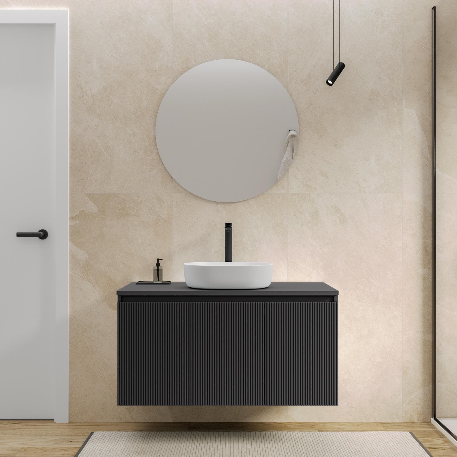 Mobile bagno sospeso con ante 100 cm antracite cannettato con top e specchio - Nerk