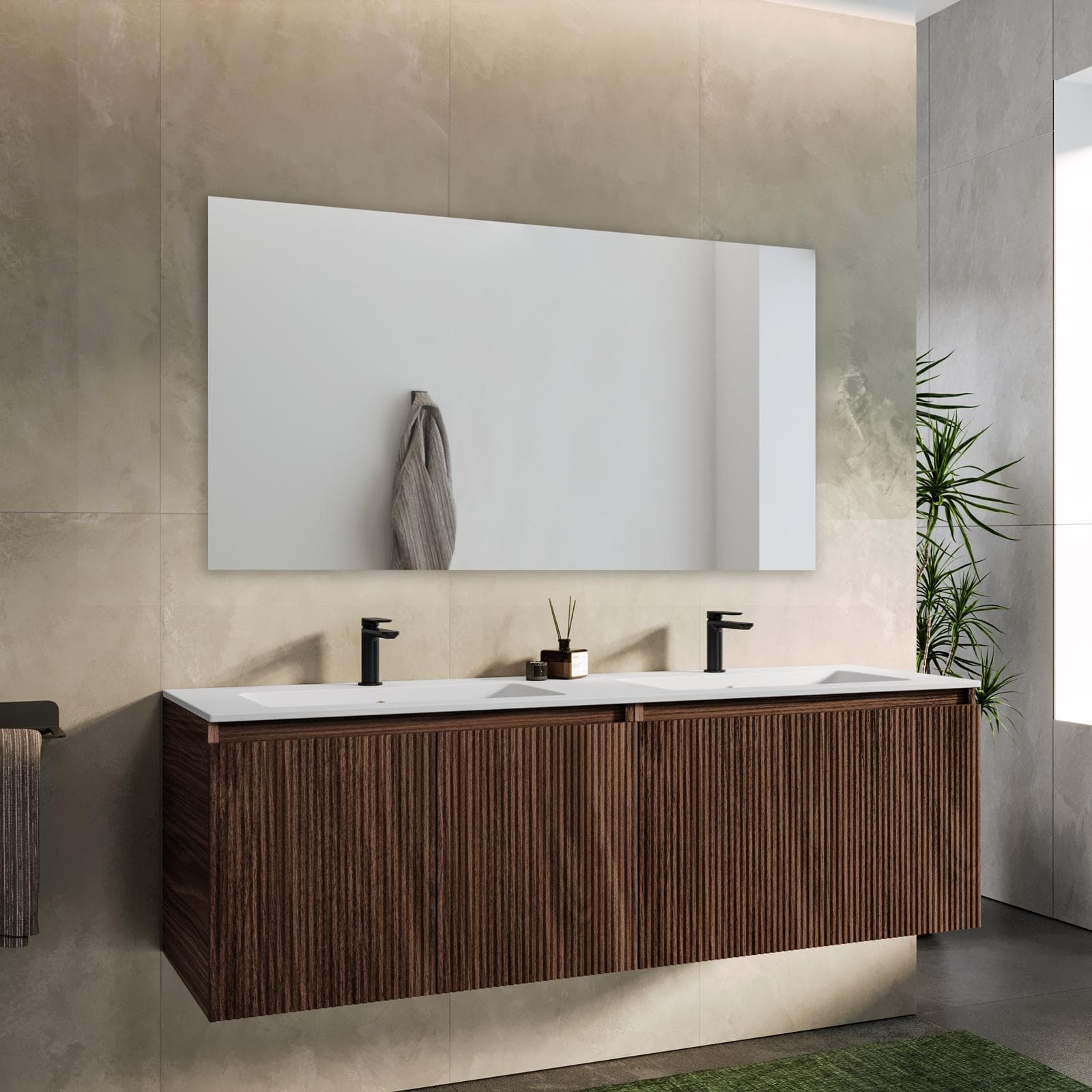 Mobile bagno sospeso con ante 160 cm rovere deciso cannettato con lavabo e specchio - Nerk