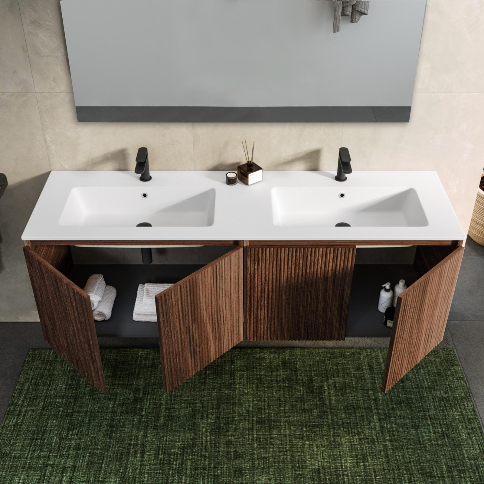 Mobile bagno sospeso con ante 160 cm rovere deciso cannettato con lavabo e specchio - Nerk