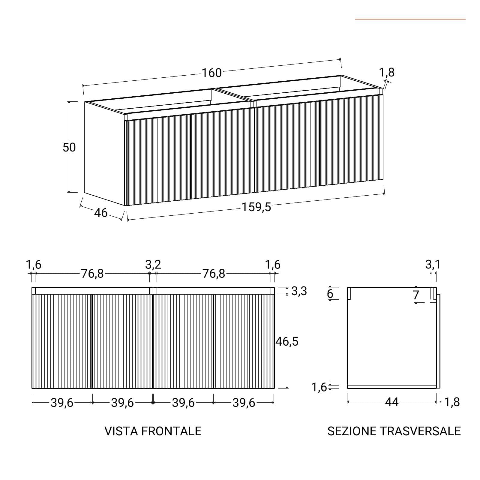 Mobile bagno sospeso con ante 160 cm rovere deciso cannettato con lavabo e specchio - Nerk