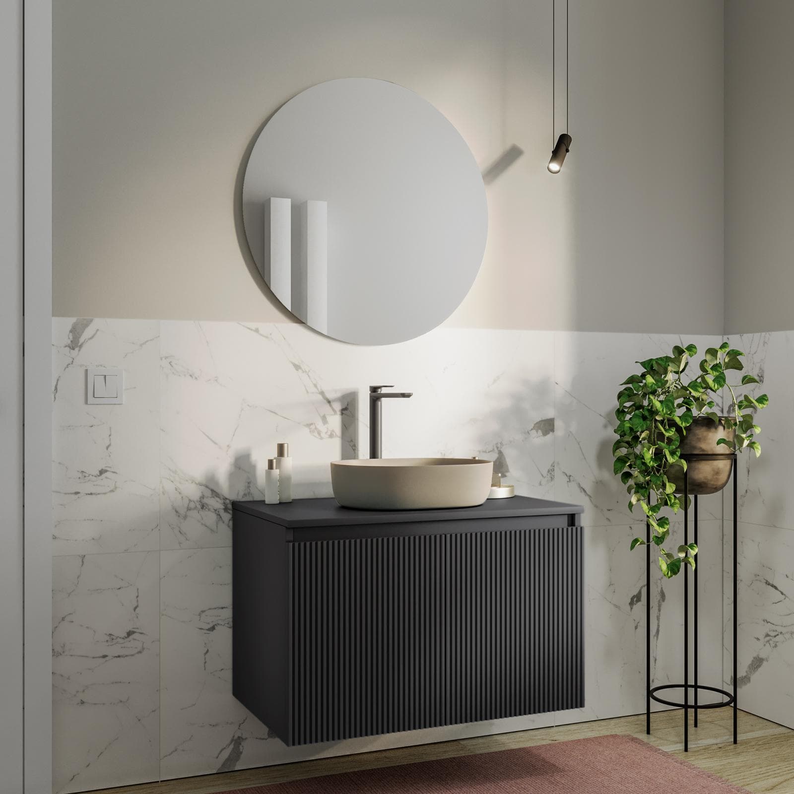 Mobile bagno sospeso con ante 80 cm antracite cannettato con top e specchio - Nerk