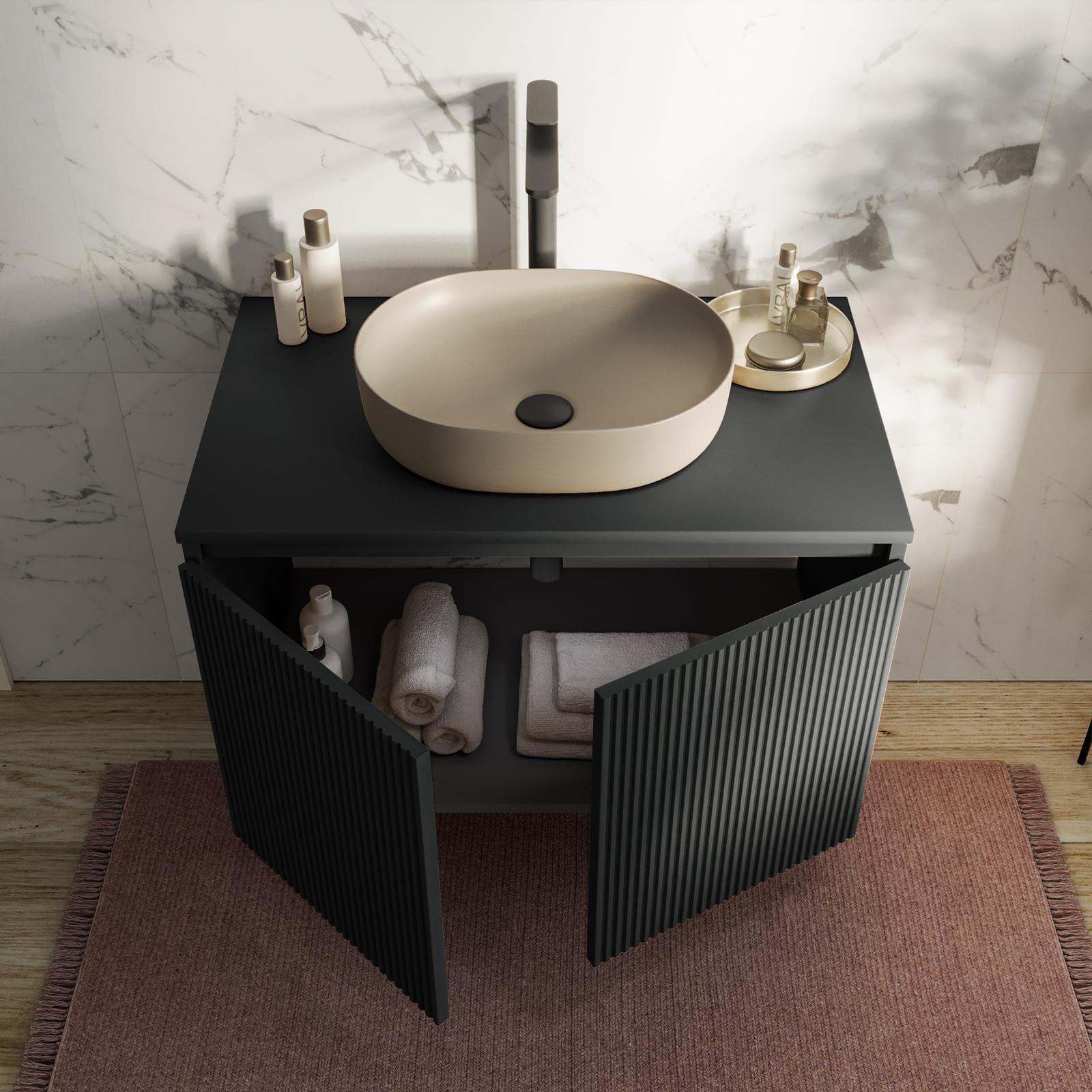 Mobile bagno sospeso con ante 80 cm antracite cannettato con top e specchio - Nerk