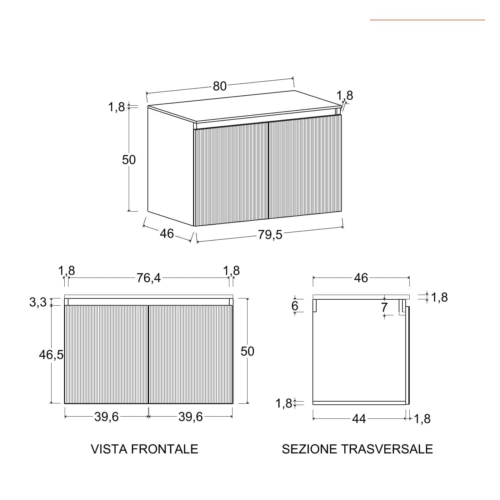Mobile bagno sospeso con ante 80 cm antracite cannettato con top e specchio - Nerk
