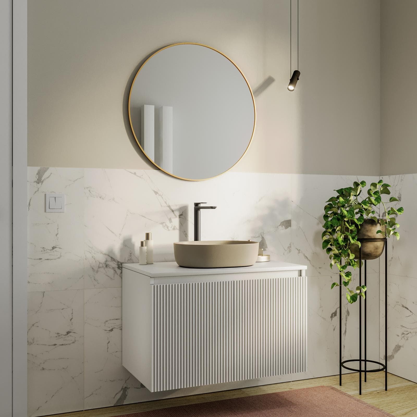 Mobile bagno sospeso con ante 80 cm bianco opaco cannettato con top e specchio - Nerk