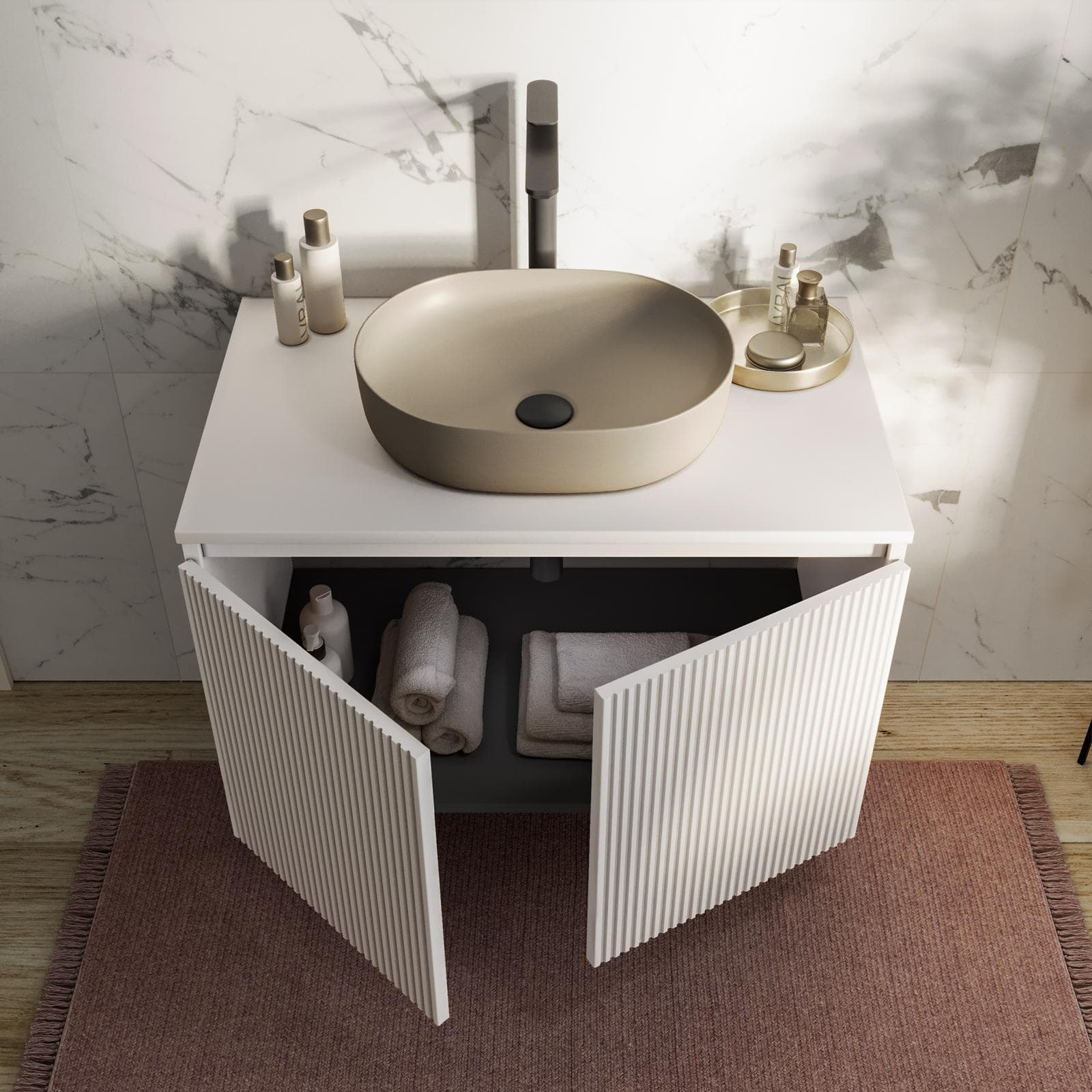 Mobile bagno sospeso con ante 80 cm bianco opaco cannettato con top e specchio - Nerk