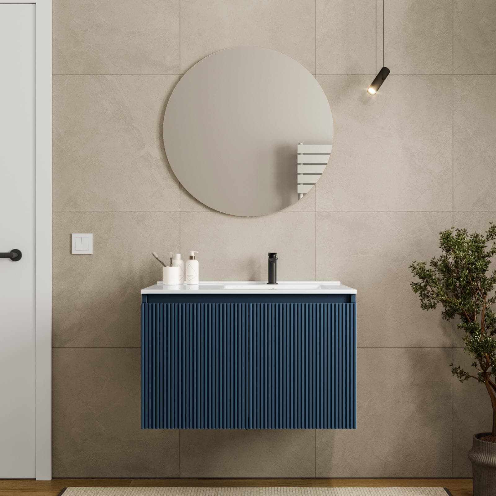 Mobile bagno sospeso con ante 80 cm blu oceano cannettato con lavabo dx e specchio - Nerk