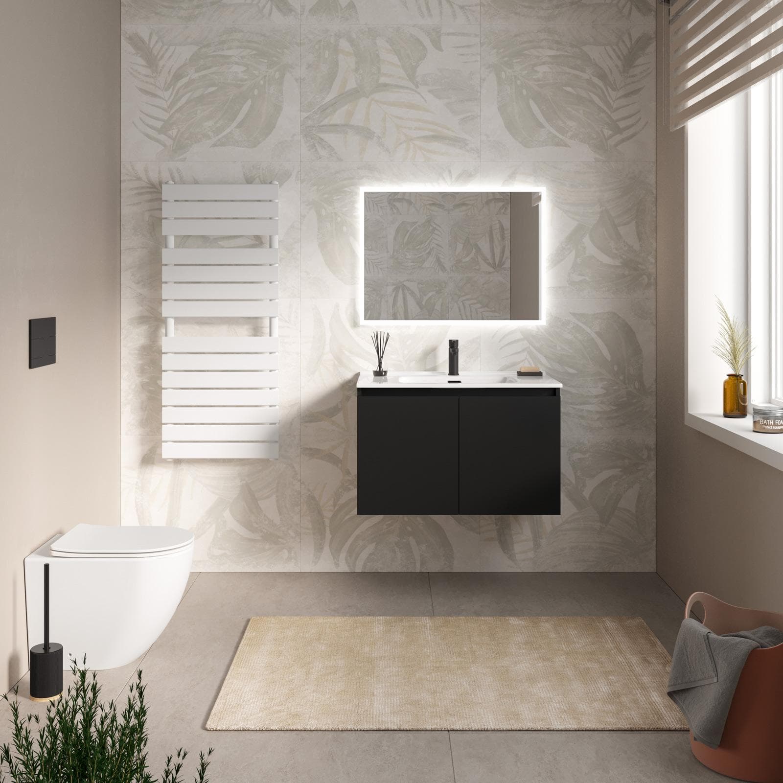 Mobile bagno sospeso con ante 80 cm nero opaco con lavabo e specchio - Cuki