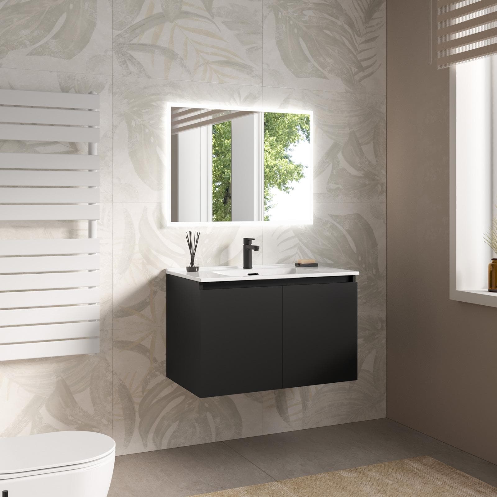 Mobile bagno sospeso con ante 80 cm nero opaco con lavabo e specchio - Cuki