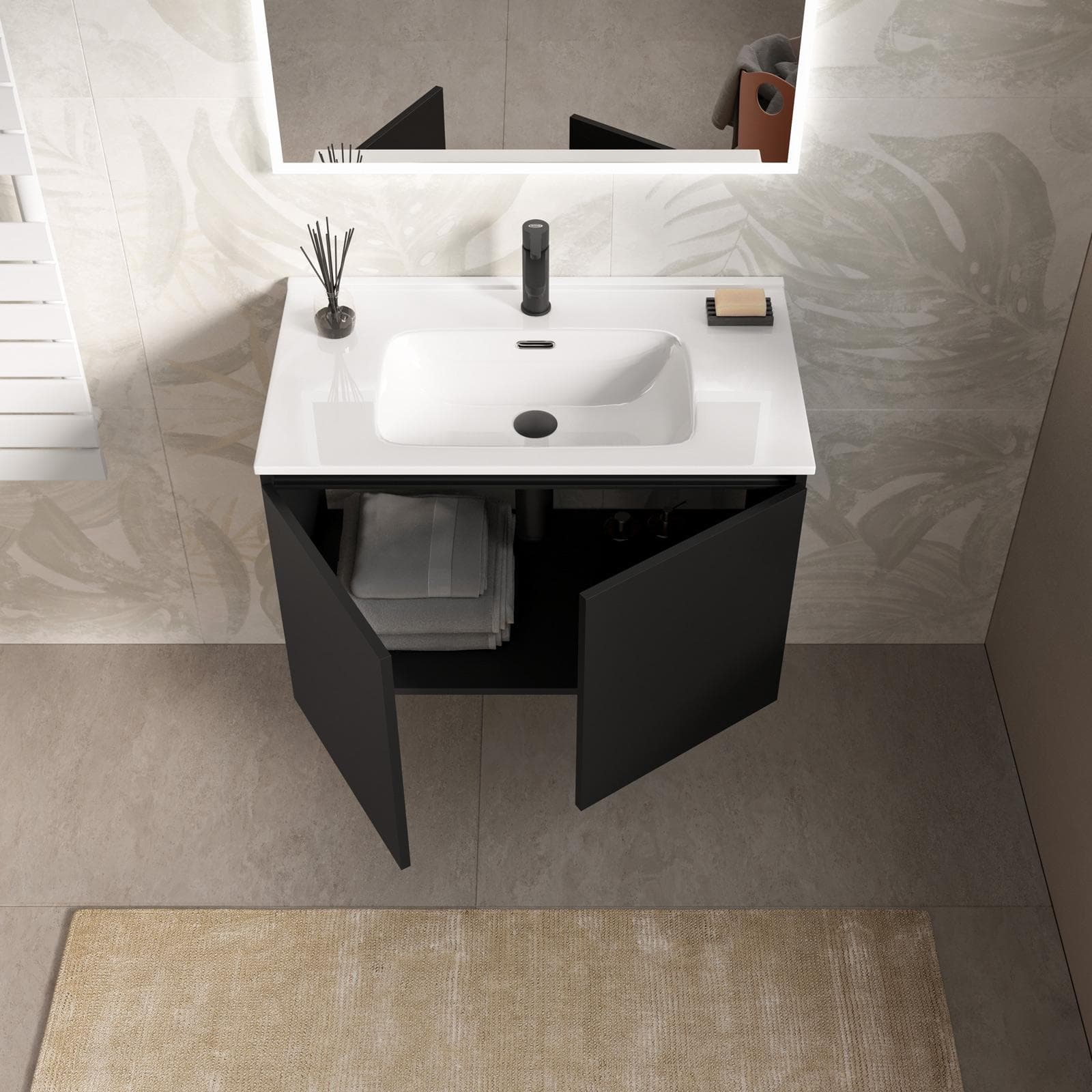 Mobile bagno sospeso con ante 80 cm nero opaco con lavabo e specchio - Cuki