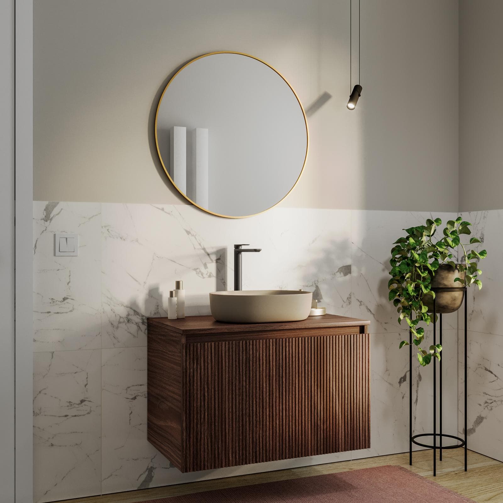 Mobile bagno sospeso con ante 80 cm rovere deciso cannettato con top e specchio - Nerk