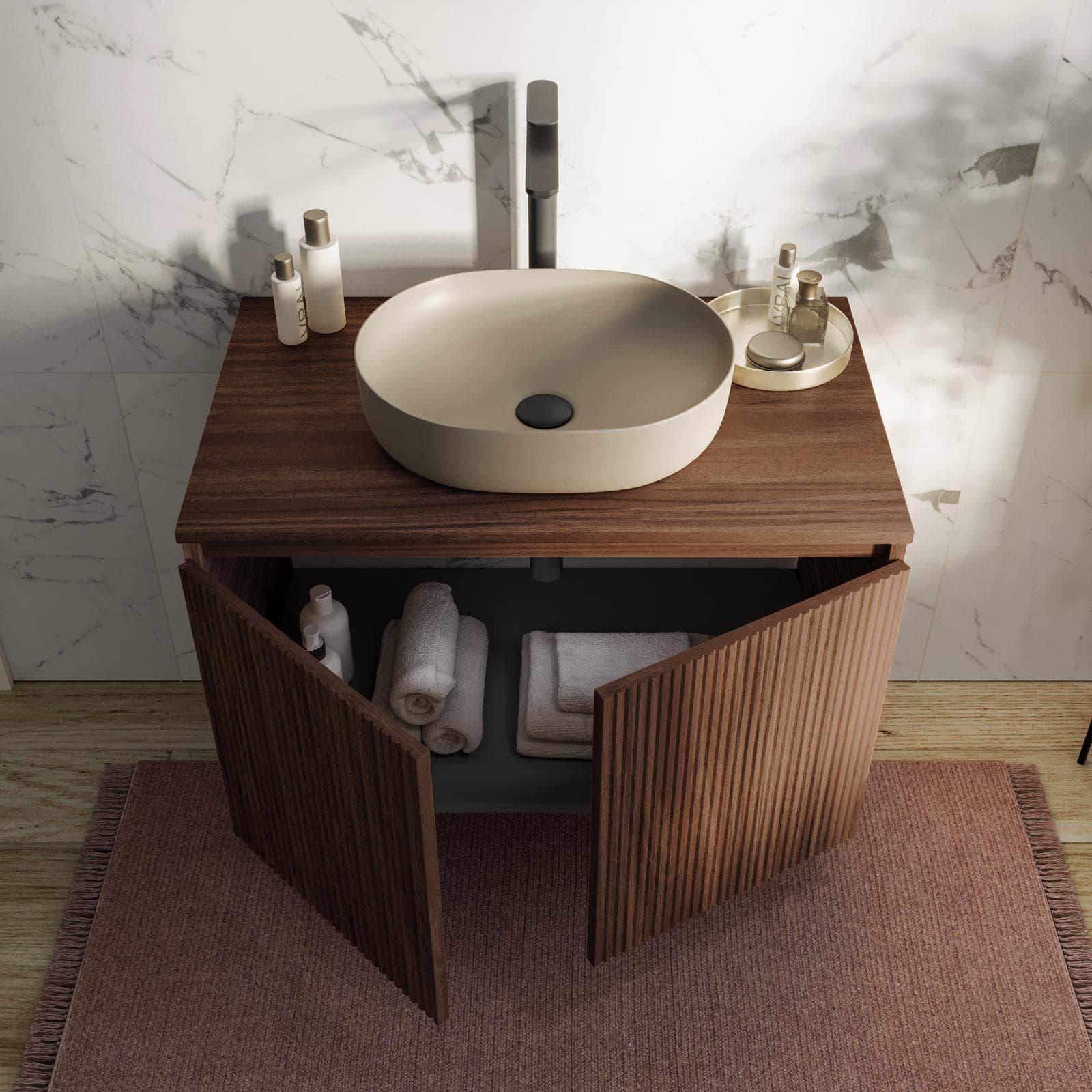 Mobile bagno sospeso con ante 80 cm rovere deciso cannettato con top e specchio - Nerk