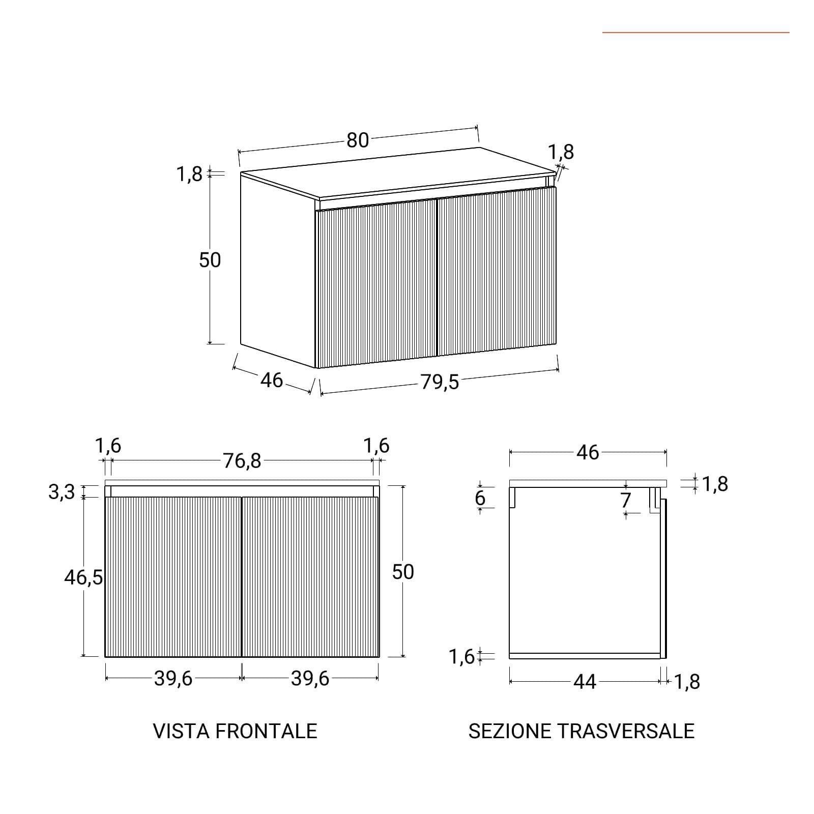 Mobile bagno sospeso con ante 80 cm rovere deciso cannettato con top e specchio - Nerk