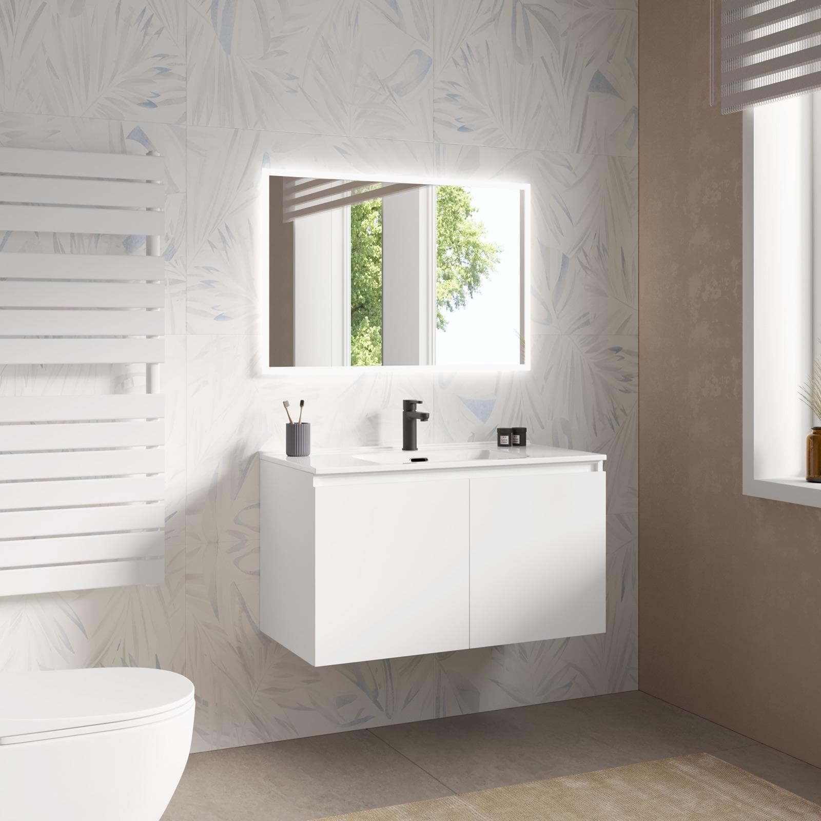 Mobile bagno sospeso con ante 90 cm bianco opaco con lavabo e specchio - Cuki
