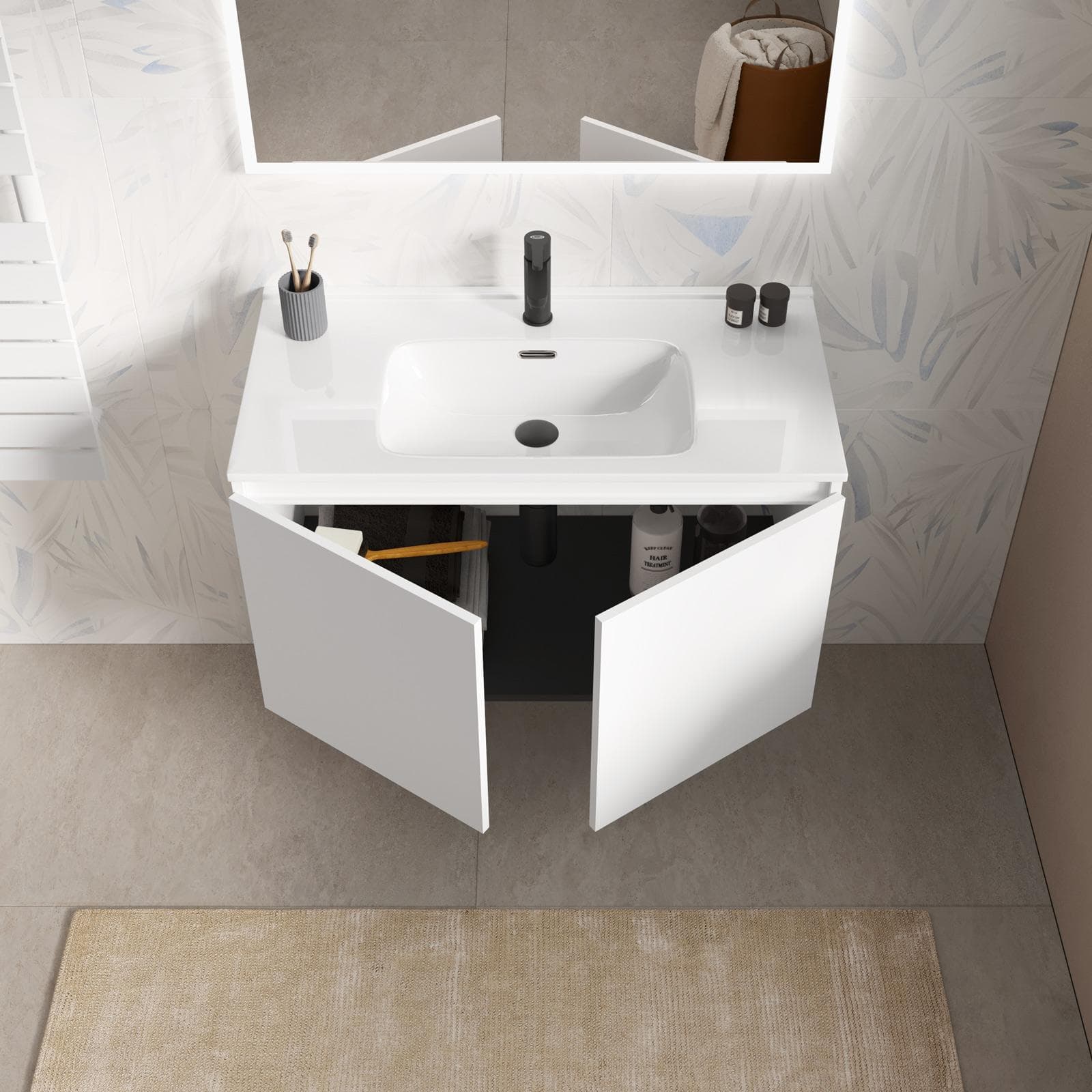 Mobile bagno sospeso con ante 90 cm bianco opaco con lavabo e specchio - Cuki