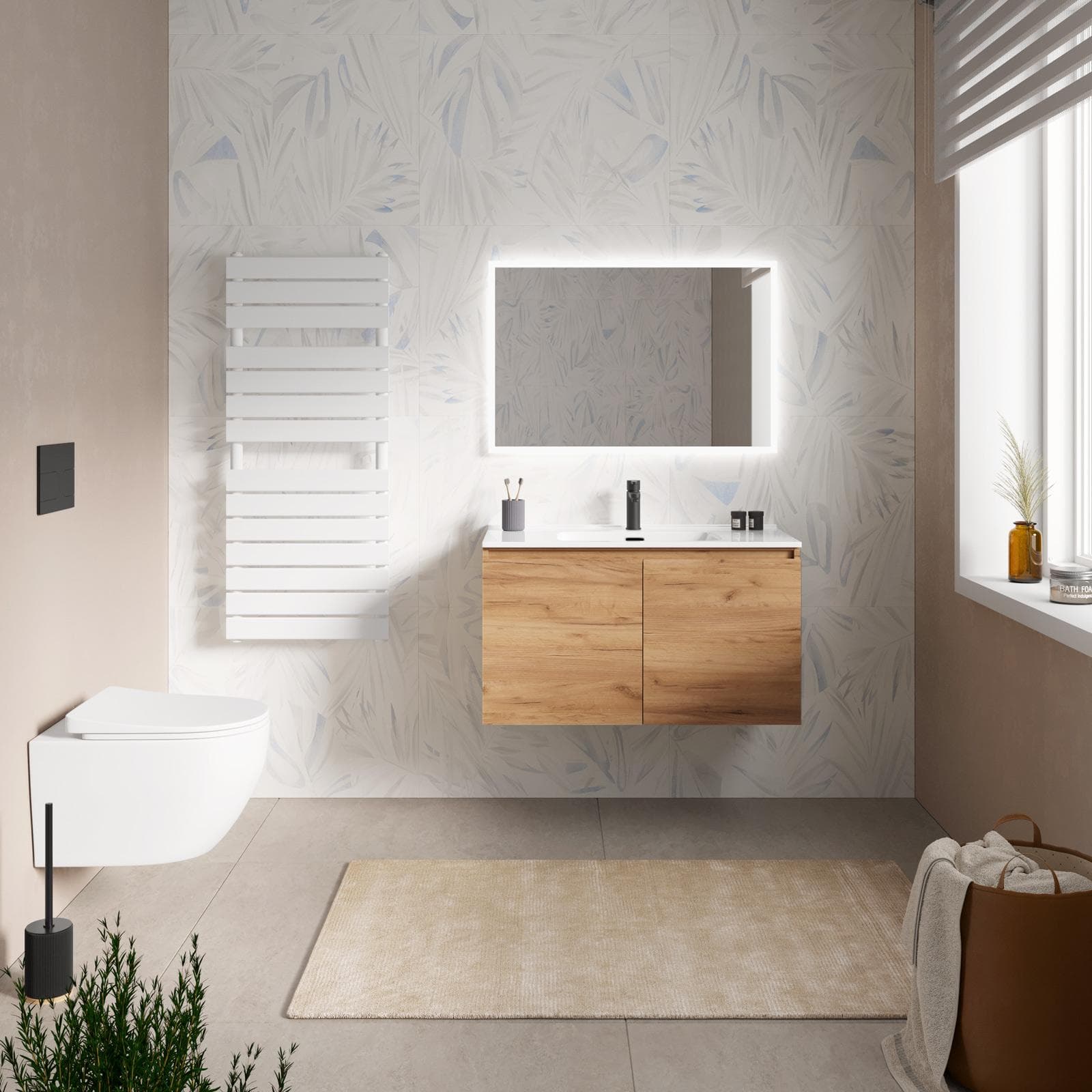 Mobile bagno sospeso con ante 90 cm rovere gold con lavabo e specchio - Cuki