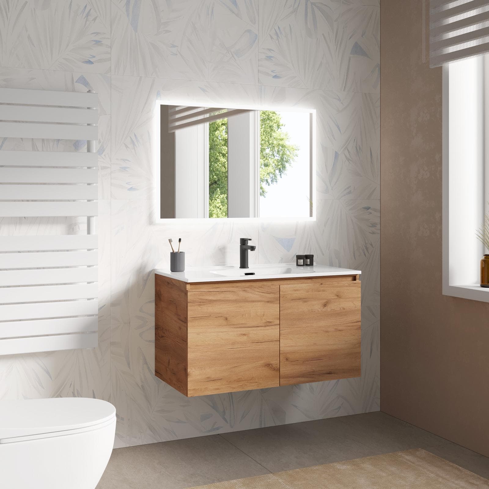 Mobile bagno sospeso con ante 90 cm rovere gold con lavabo e specchio - Cuki