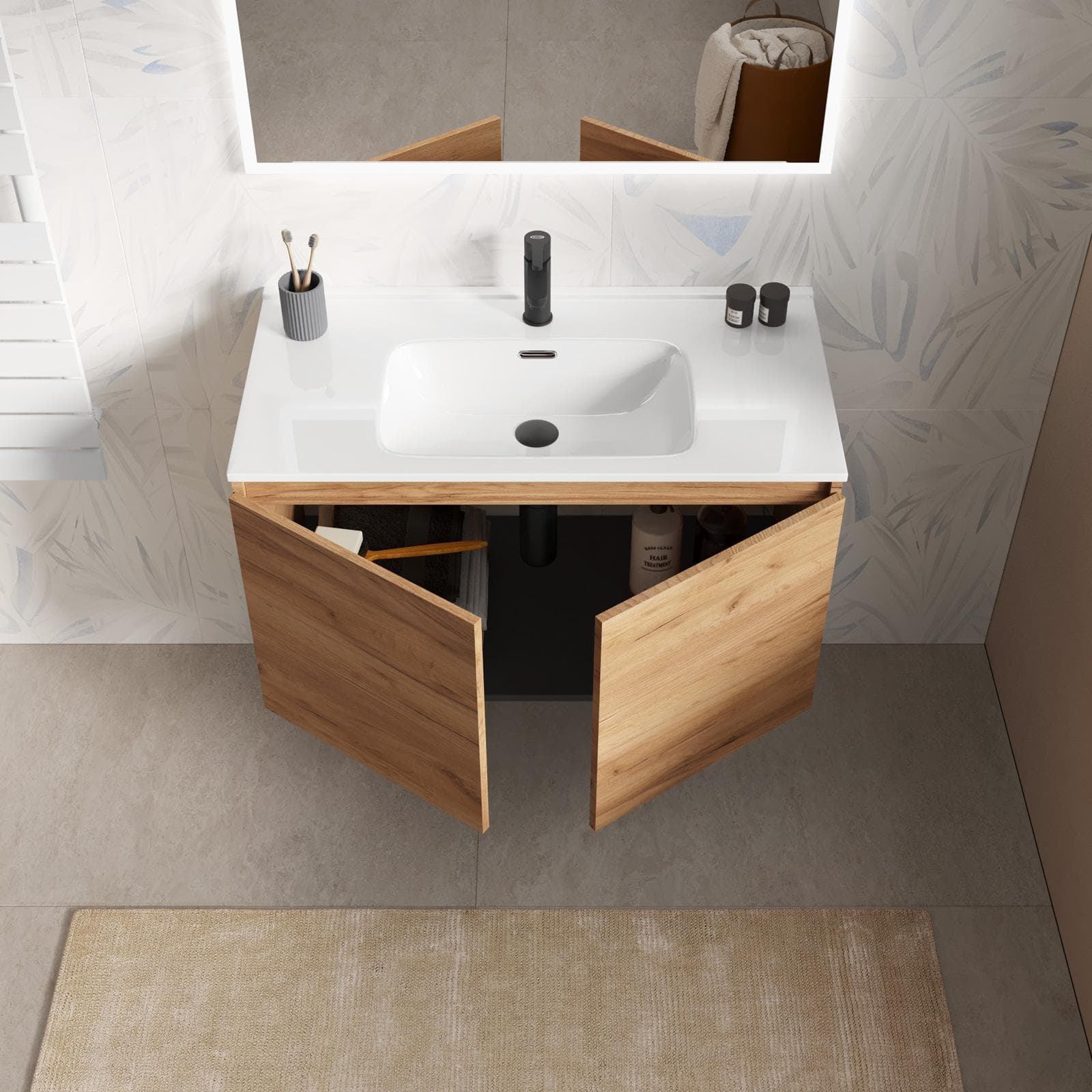 Mobile bagno sospeso con ante 90 cm rovere gold con lavabo e specchio - Cuki