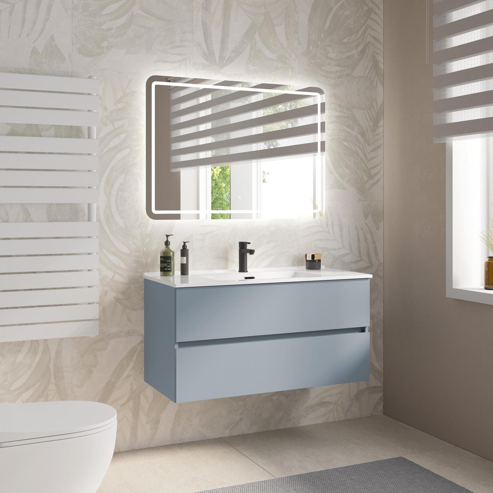 Mobile bagno sospeso con cassetti 100 cm carta da zucchero con lavabo e specchio - Cuki