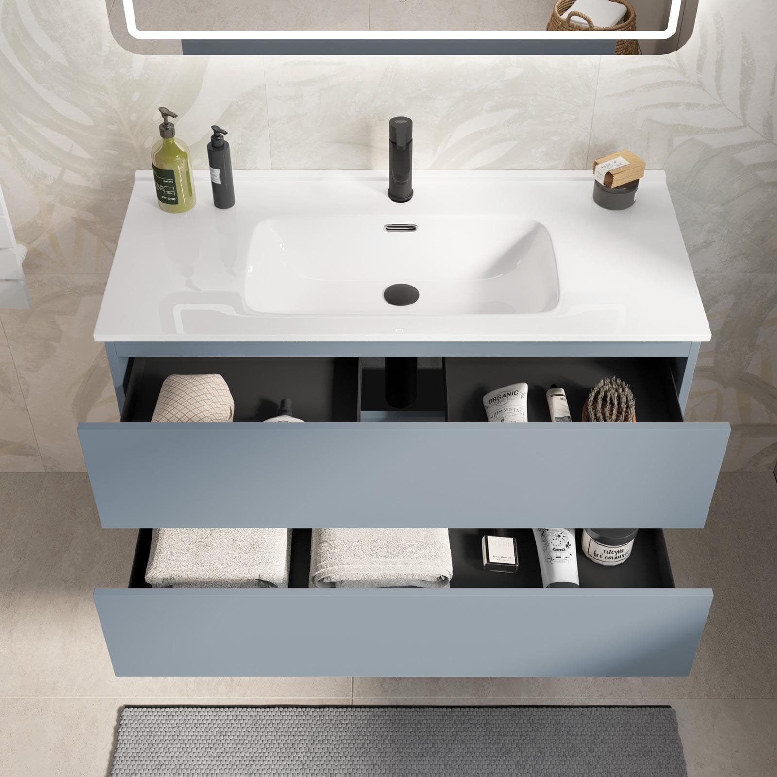 Mobile bagno sospeso con cassetti 100 cm carta da zucchero con lavabo e specchio - Cuki