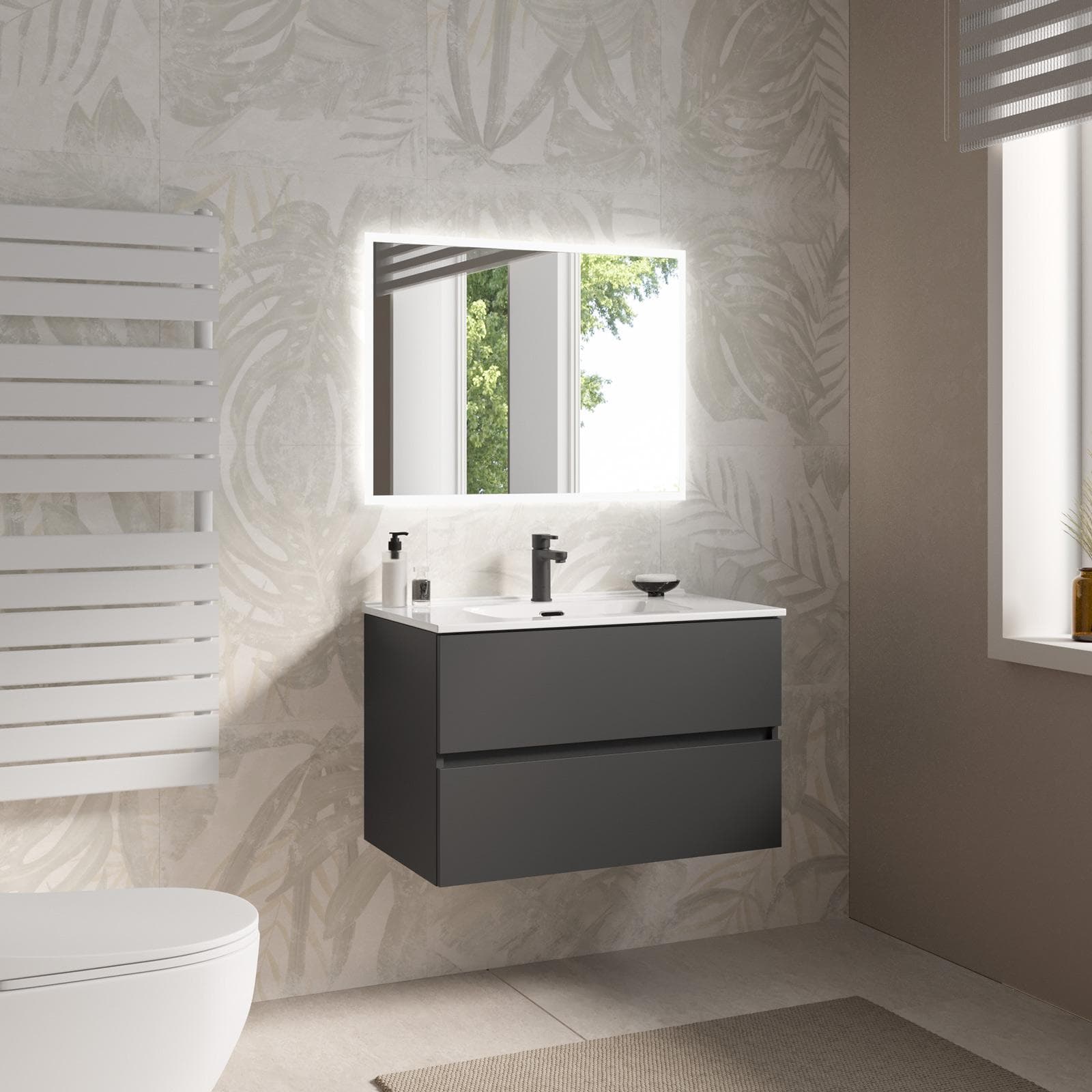 Mobile bagno sospeso con cassetti 80 cm antracite con lavabo e specchio - Cuki