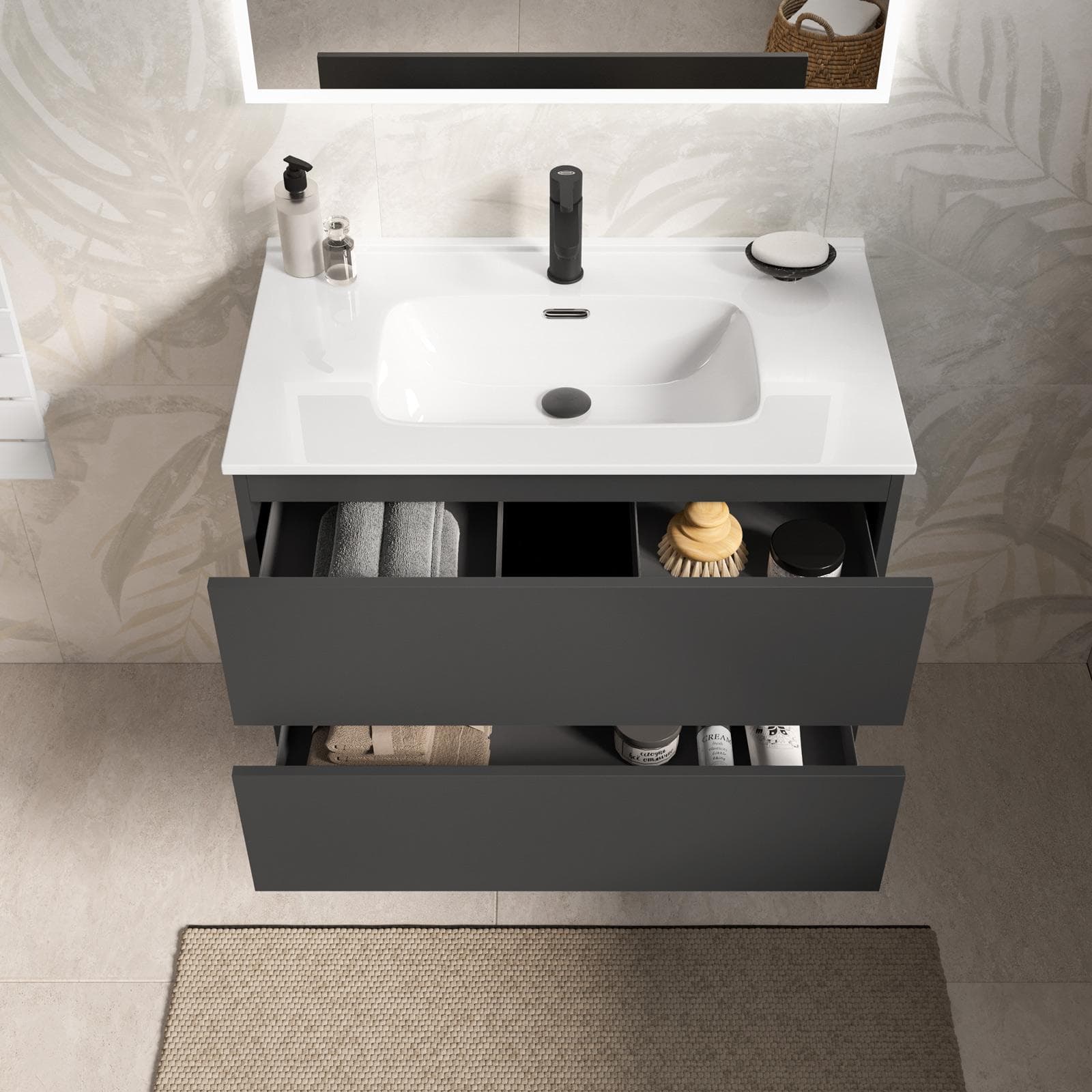 Mobile bagno sospeso con cassetti 80 cm antracite con lavabo e specchio - Cuki