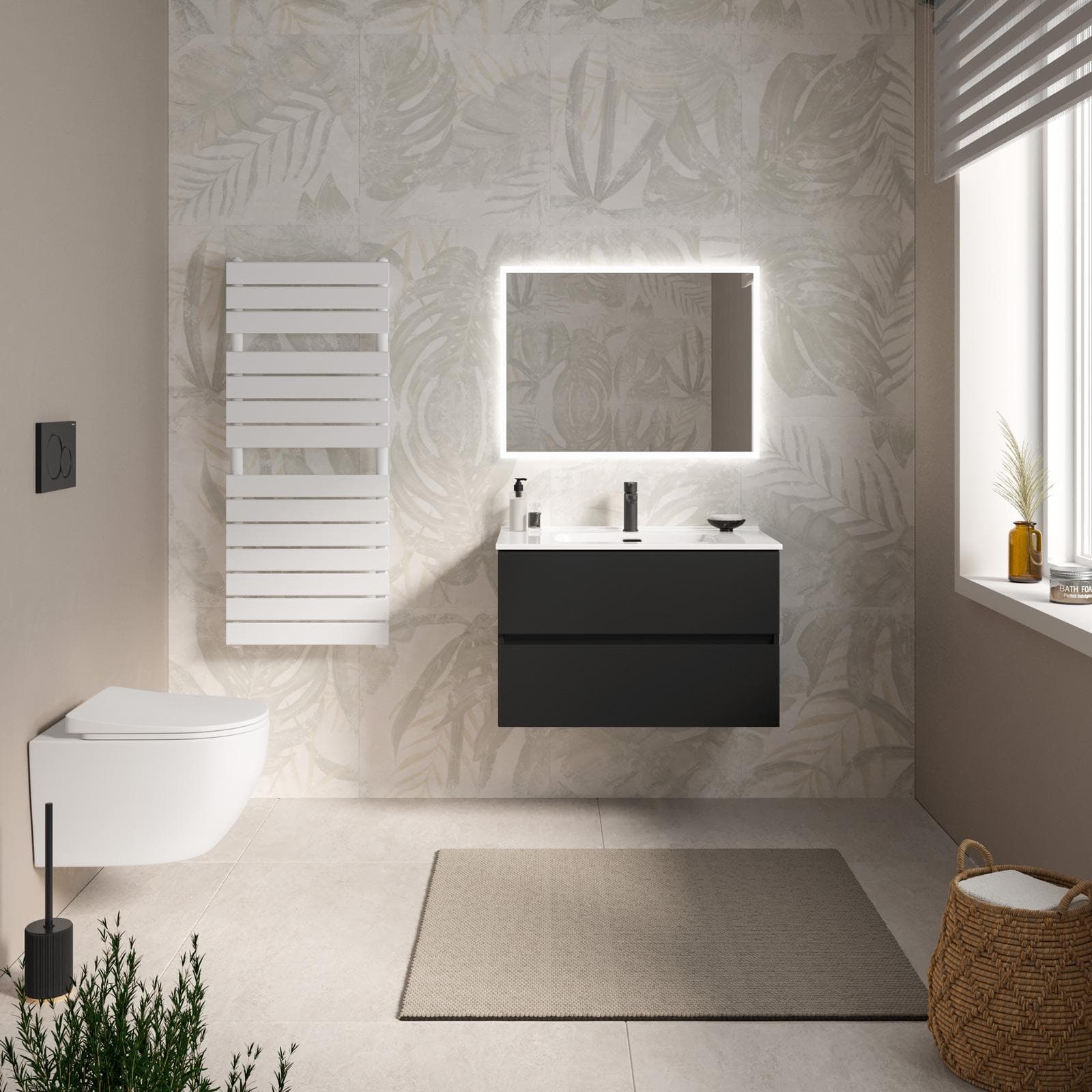 Mobile bagno sospeso con cassetti 80 cm nero opaco con lavabo e specchio - Cuki
