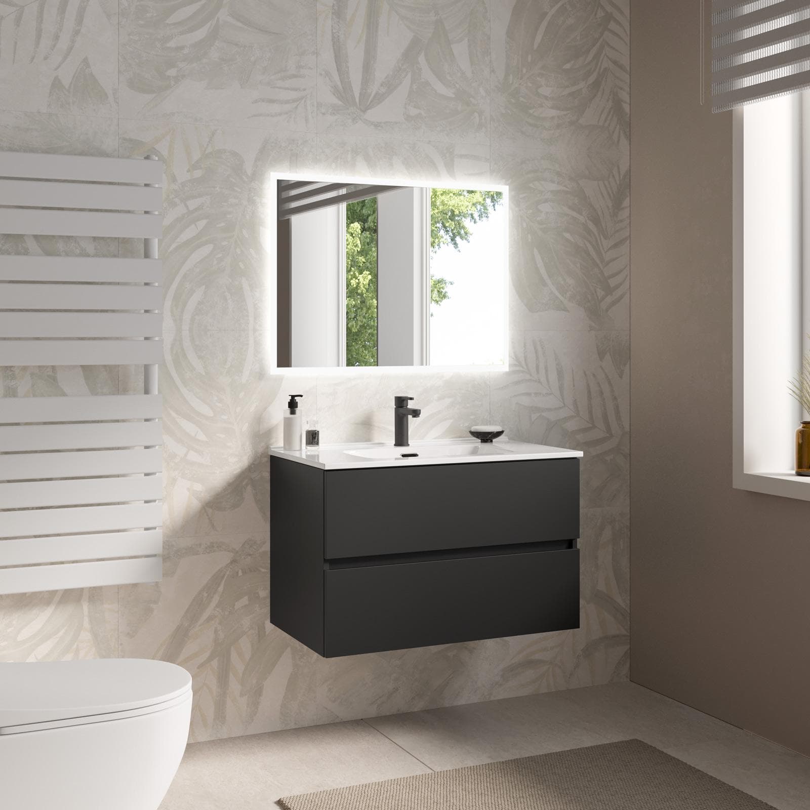 Mobile bagno sospeso con cassetti 80 cm nero opaco con lavabo e specchio - Cuki