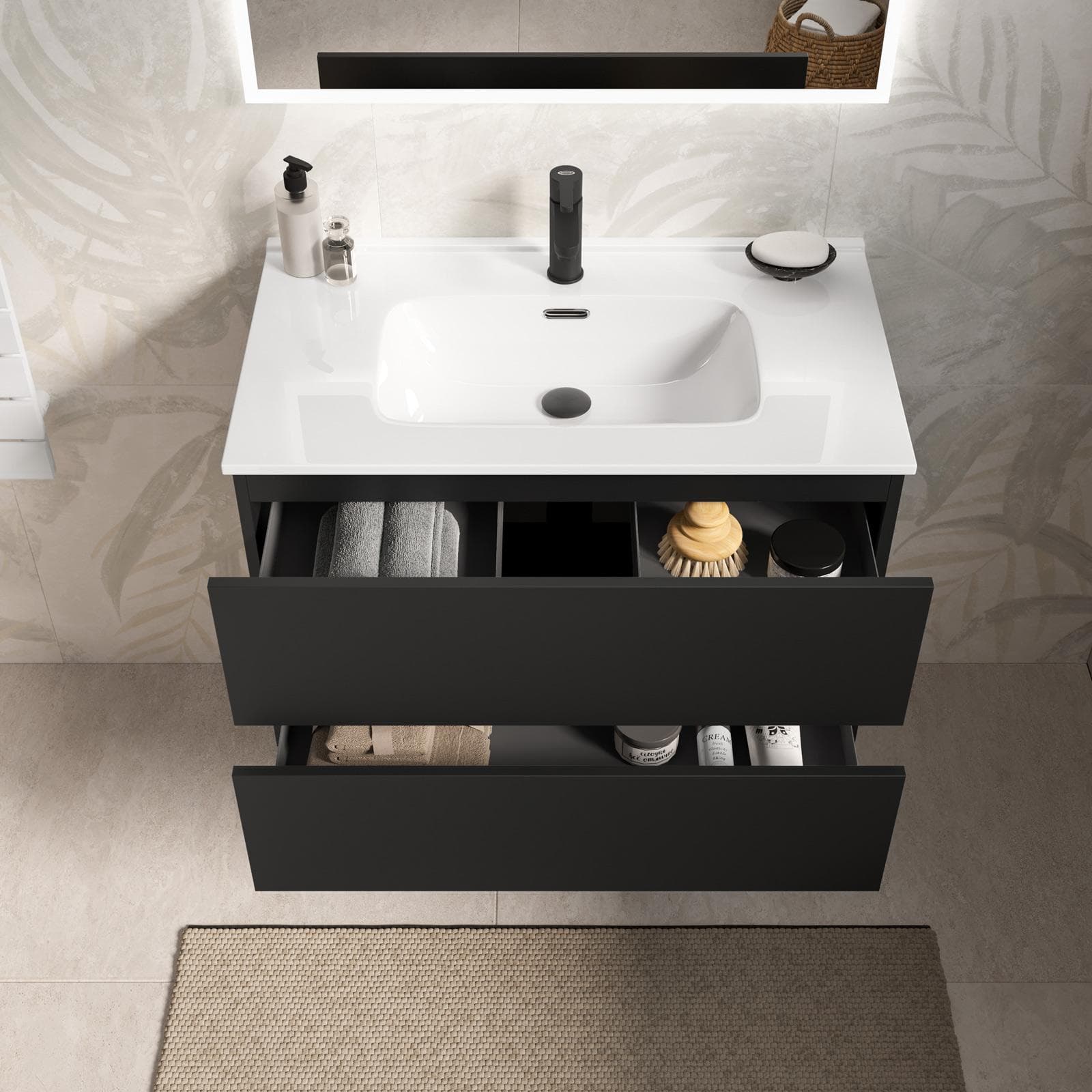 Mobile bagno sospeso con cassetti 80 cm nero opaco con lavabo e specchio - Cuki