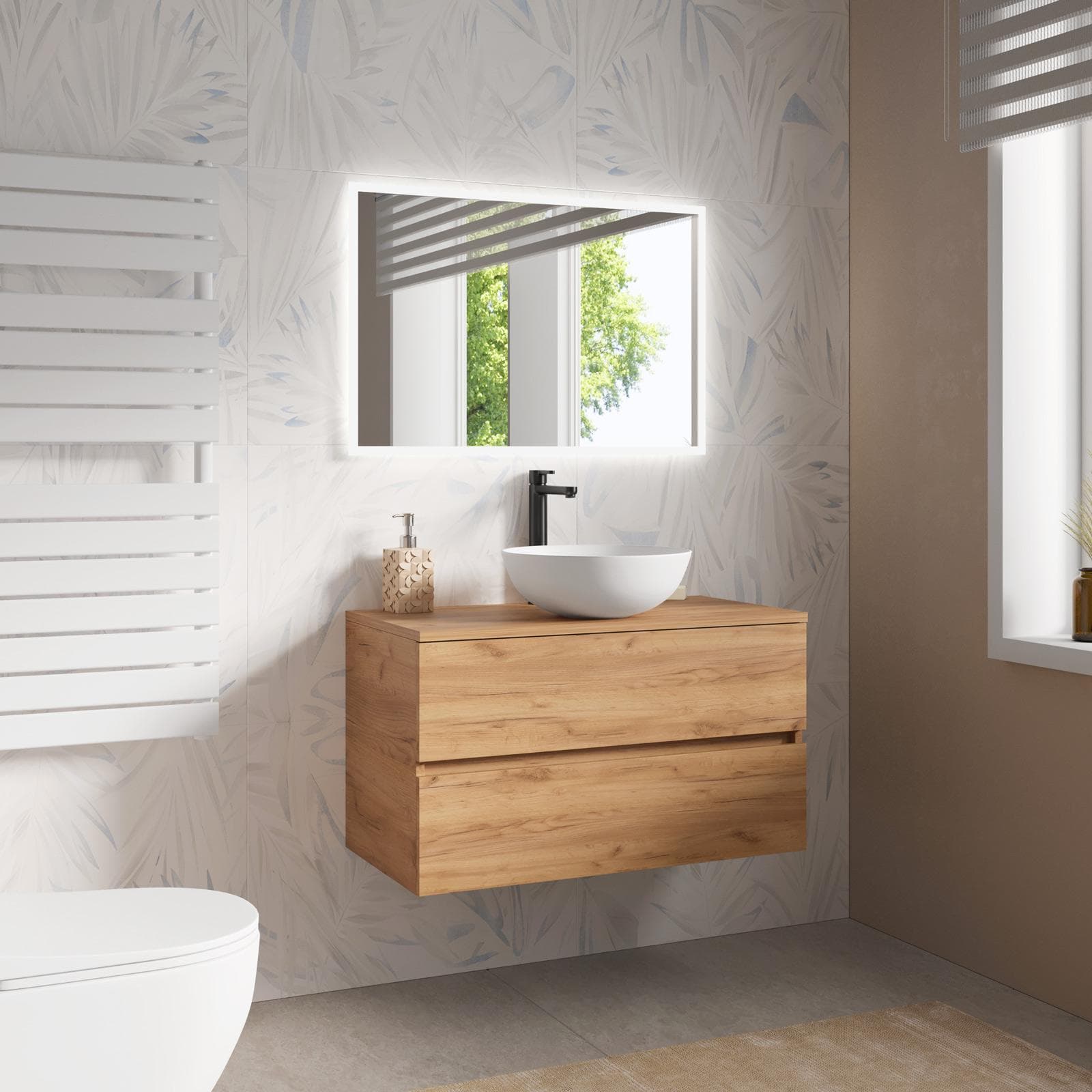 Mobile bagno sospeso con cassetti 90 cm rovere gold con top e specchio - Cuki