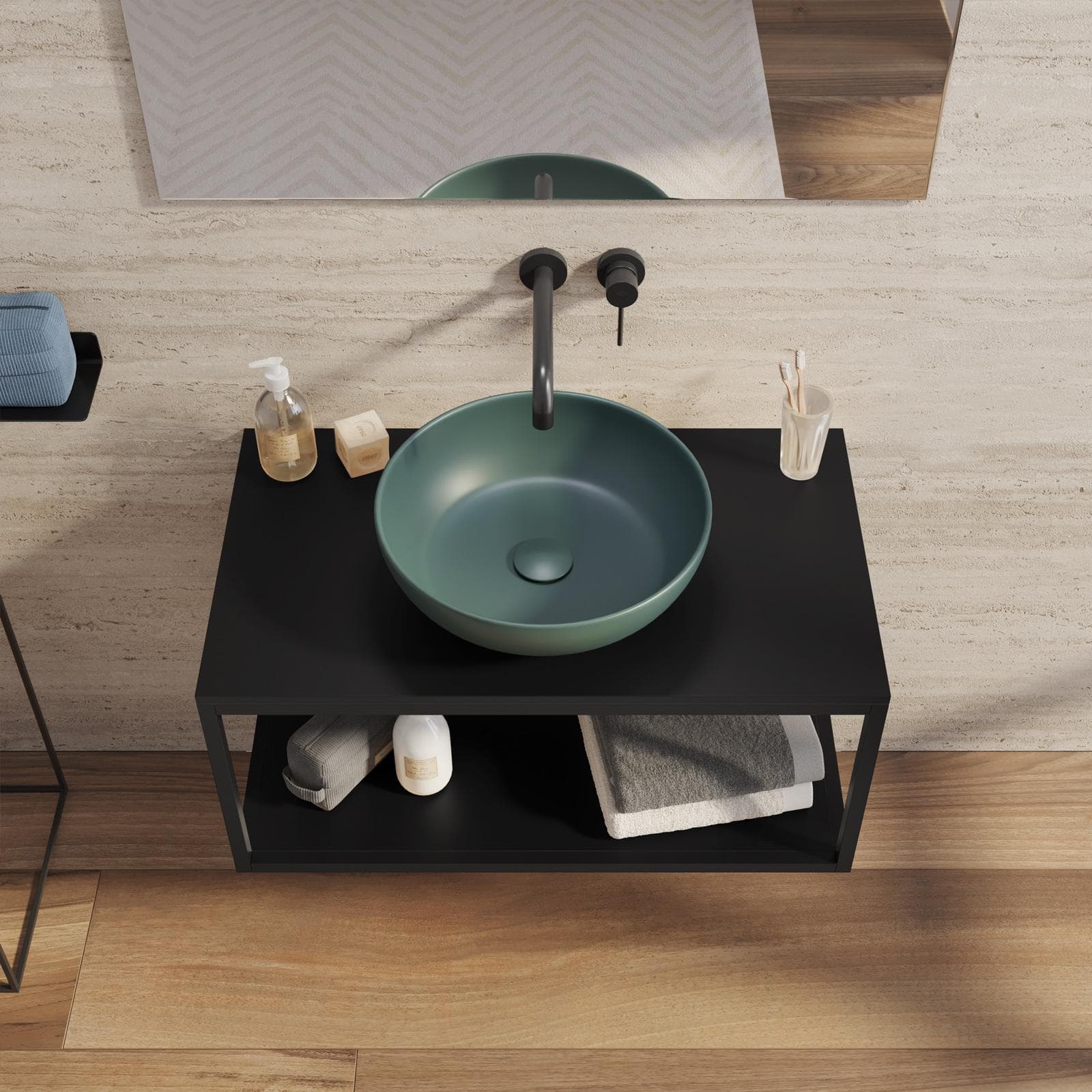 Mobile bagno sospeso portalavabo 80 cm nero opaco con specchio - Axis