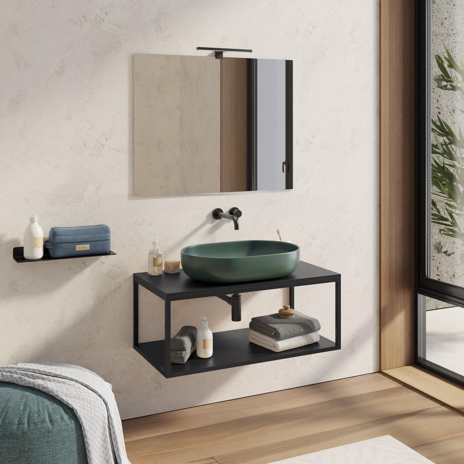 Mobile bagno sospeso portalavabo 90 cm nero opaco con specchio - Axis