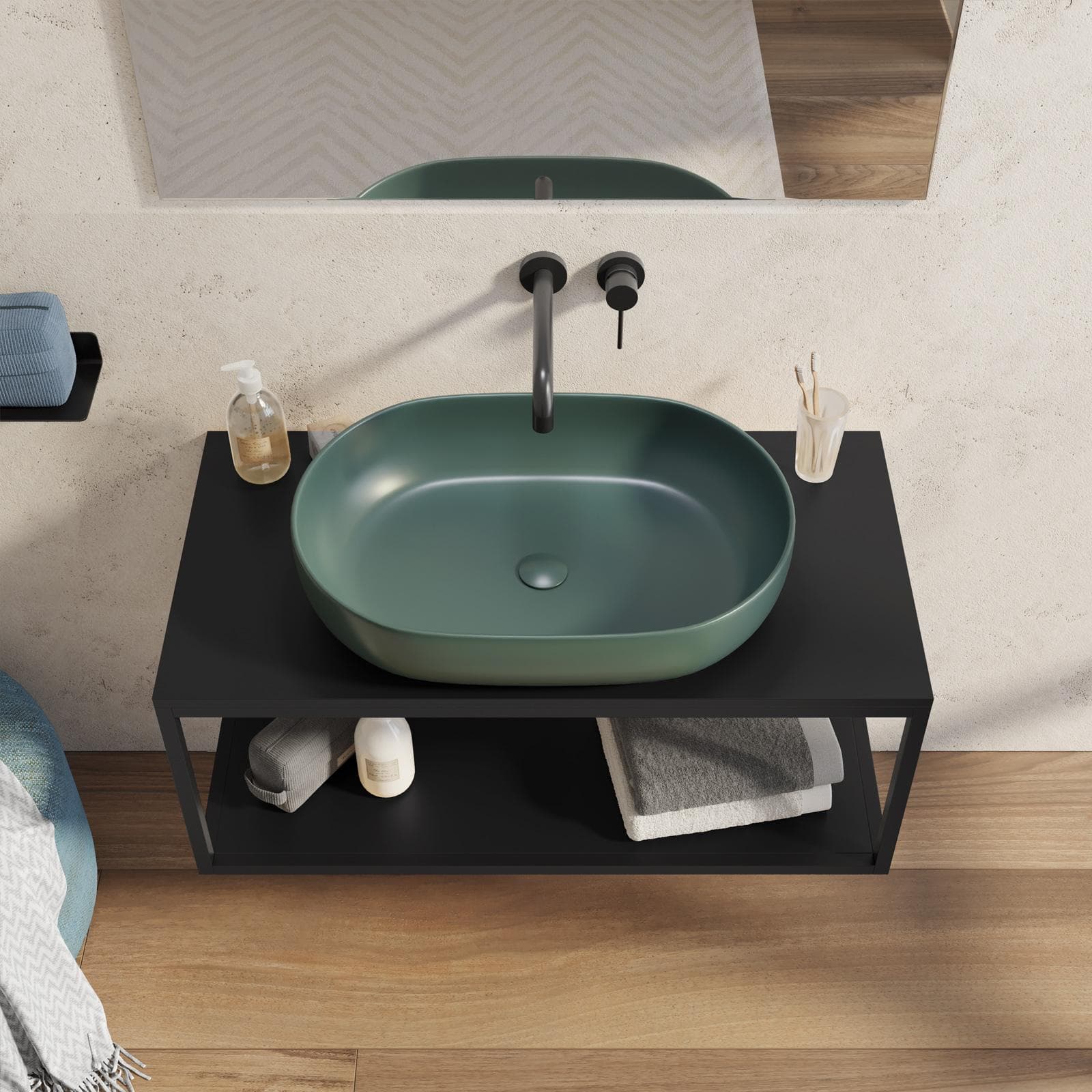 Mobile bagno sospeso portalavabo 90 cm nero opaco con specchio - Axis