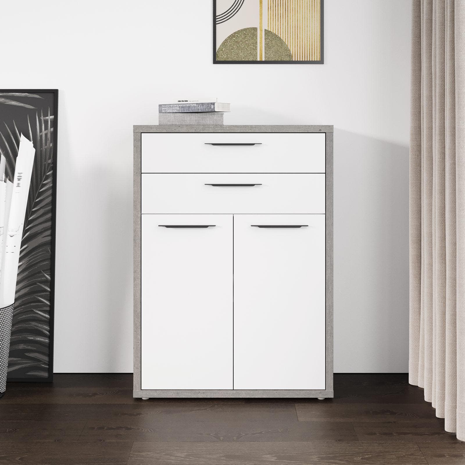 Mobile multiuso 80x112h cm grigio cemento con 2 ante e 2 cassetti bianco lucido - Homely office