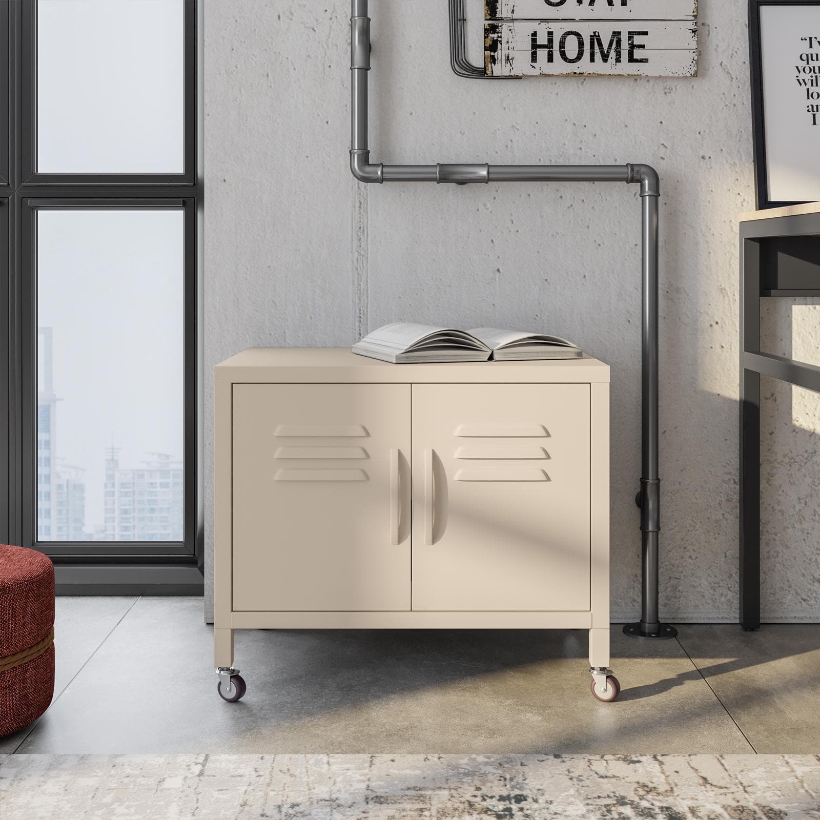 Mobile basso 60x49h cm in acciaio verniciato crema con 2 ante e ruote - Latino
