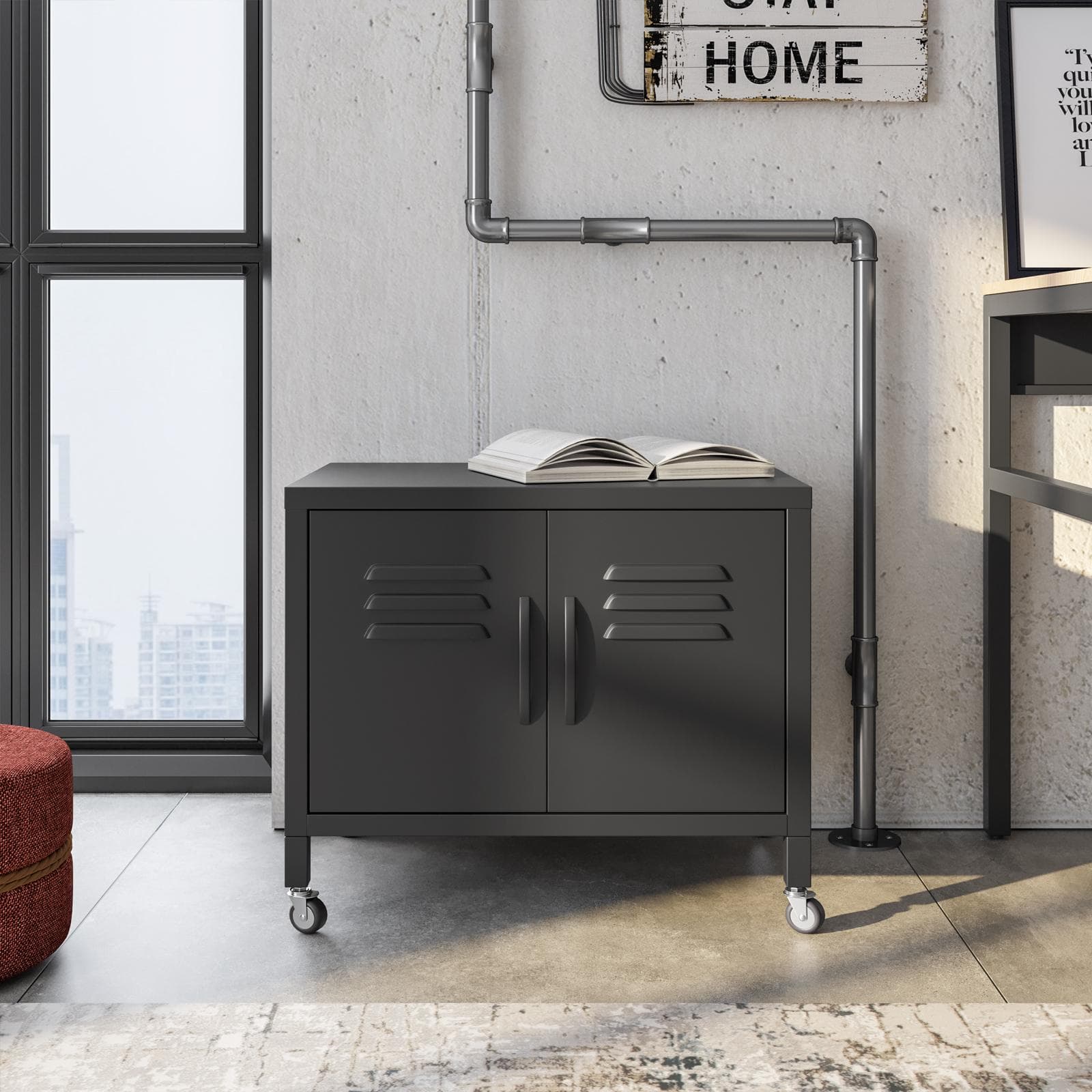 Mobile basso 60x49h cm in acciaio verniciato nero con 2 ante e ruote - Latino