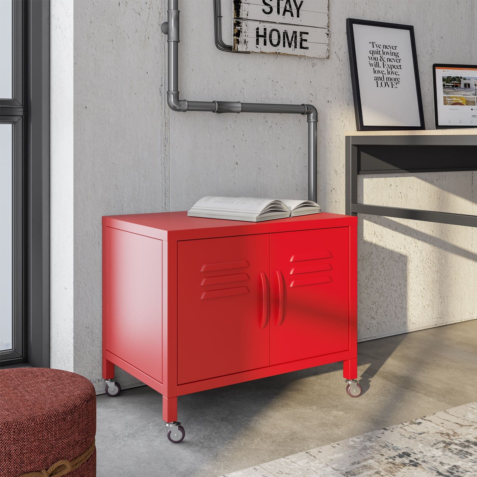 Mobile basso 60x49h cm in acciaio rosso con 2 ante e ruote - Latino