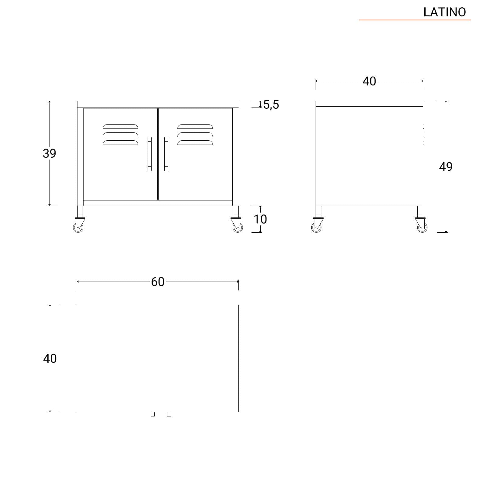 Mobile basso 60x49h cm in acciaio rosso con 2 ante e ruote - Latino