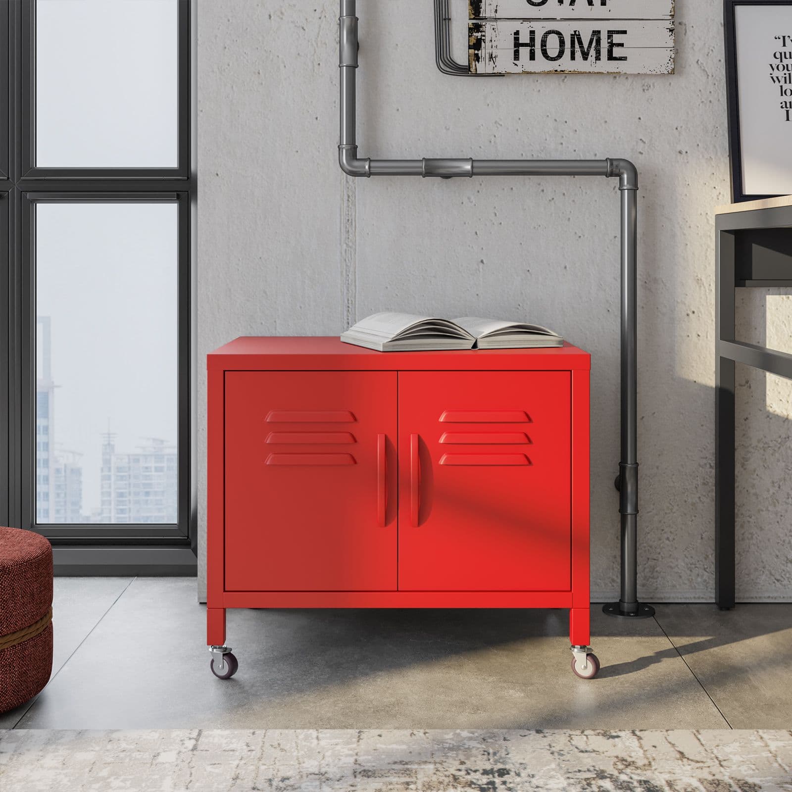 Mobile basso 60x49h cm in acciaio rosso con 2 ante e ruote - Latino