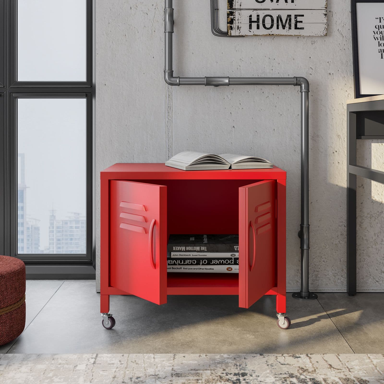 Mobile basso 60x49h cm in acciaio rosso con 2 ante e ruote - Latino