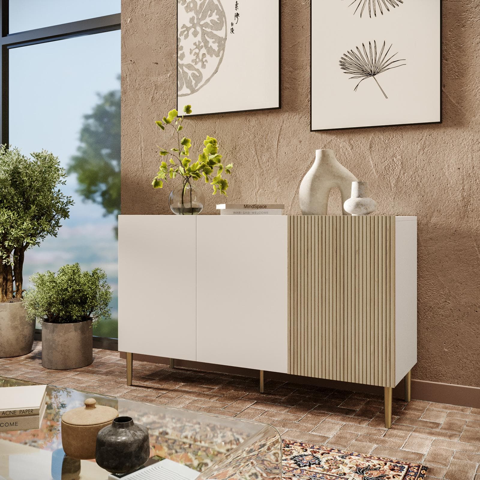 Madia 120x75h cm cashmere e rovere albini cannettato con 3 ante e gambe oro opaco - Zelma