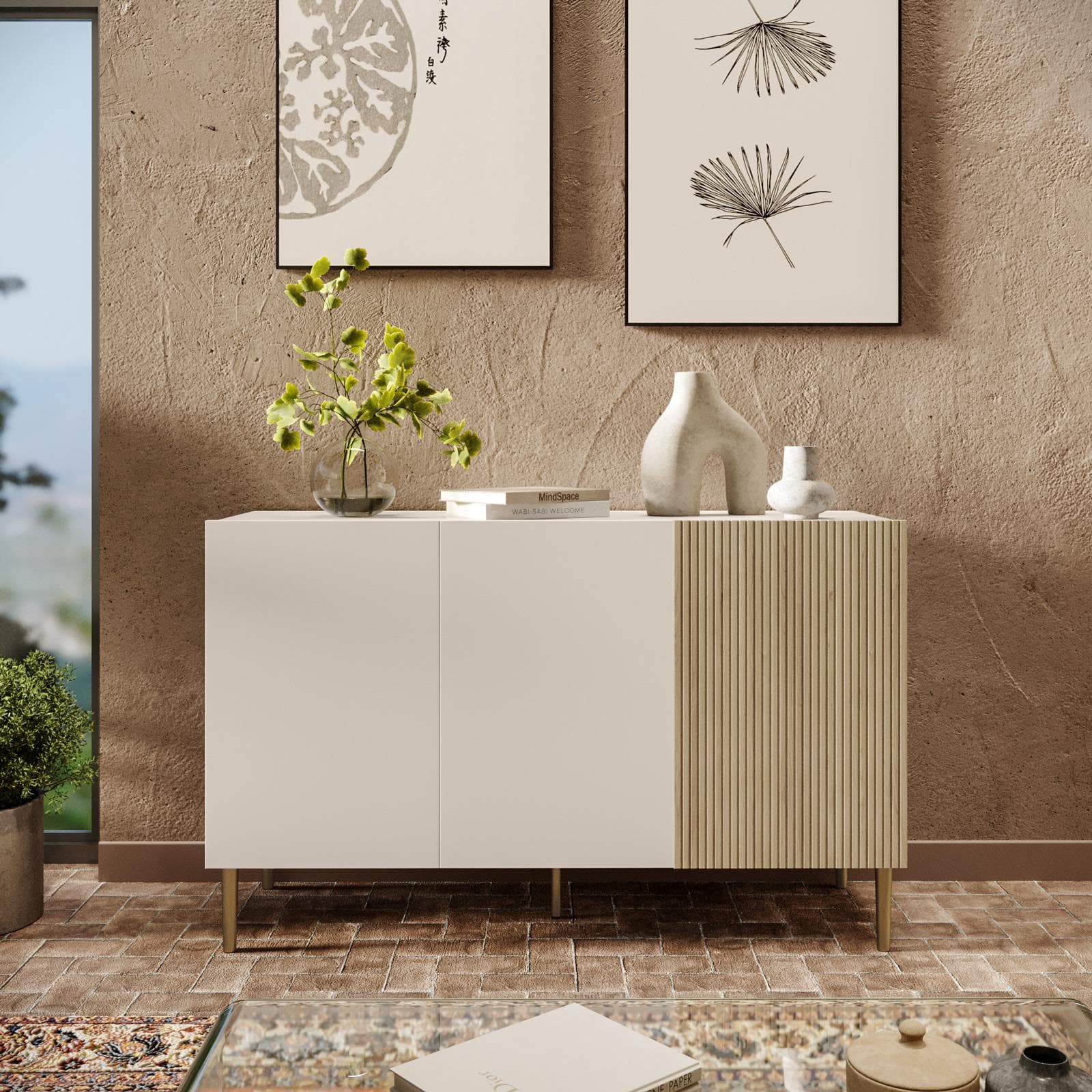 Madia 120x75h cm cashmere e rovere albini cannettato con 3 ante e gambe oro opaco - Zelma