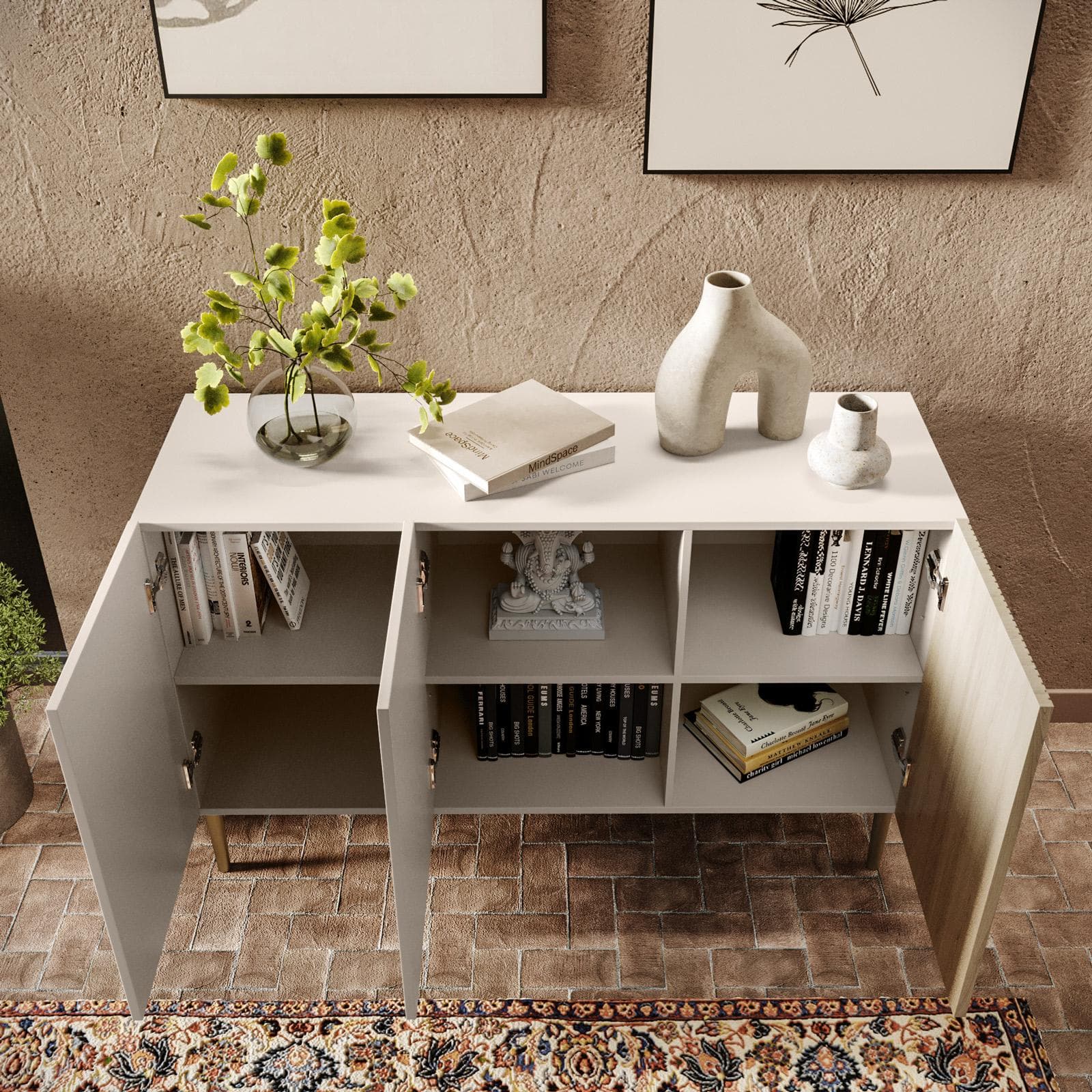 Madia 120x75h cm cashmere e rovere albini cannettato con 3 ante e gambe oro opaco - Zelma