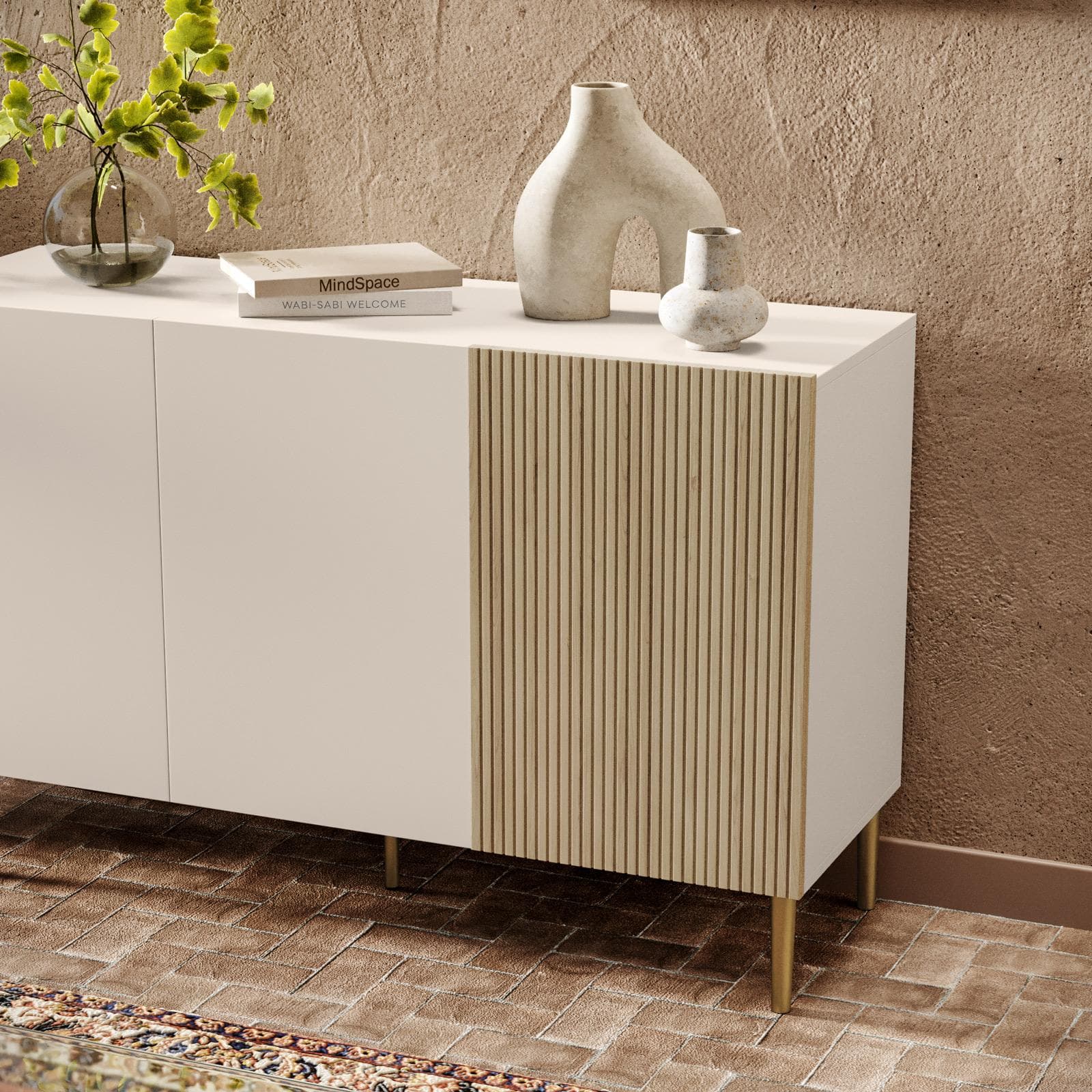 Madia 120x75h cm cashmere e rovere albini cannettato con 3 ante e gambe oro opaco - Zelma