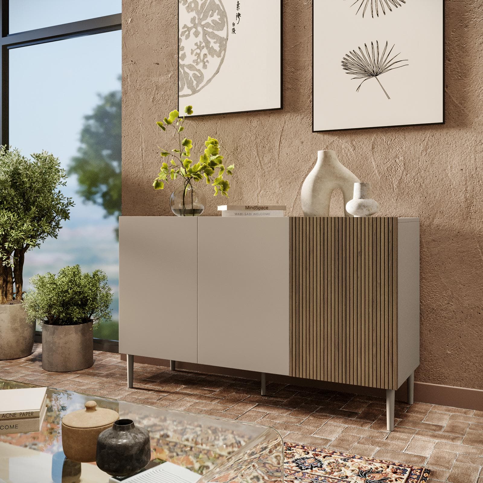 Madia 120x75h cm tortora e rovere millennium cannettato con 3 ante e gambe tortora - Zelma